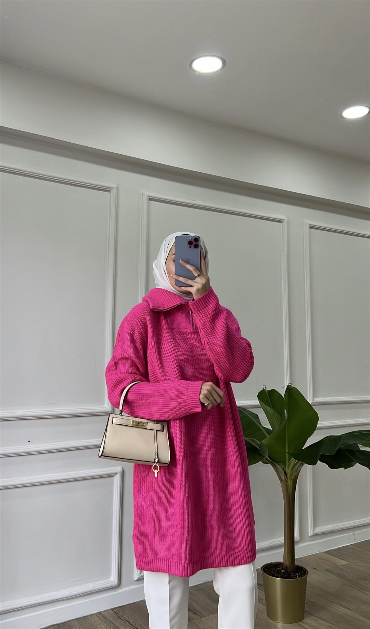 Balıkçı Yaka Fermuar Detaylı Kazak - Pembe 