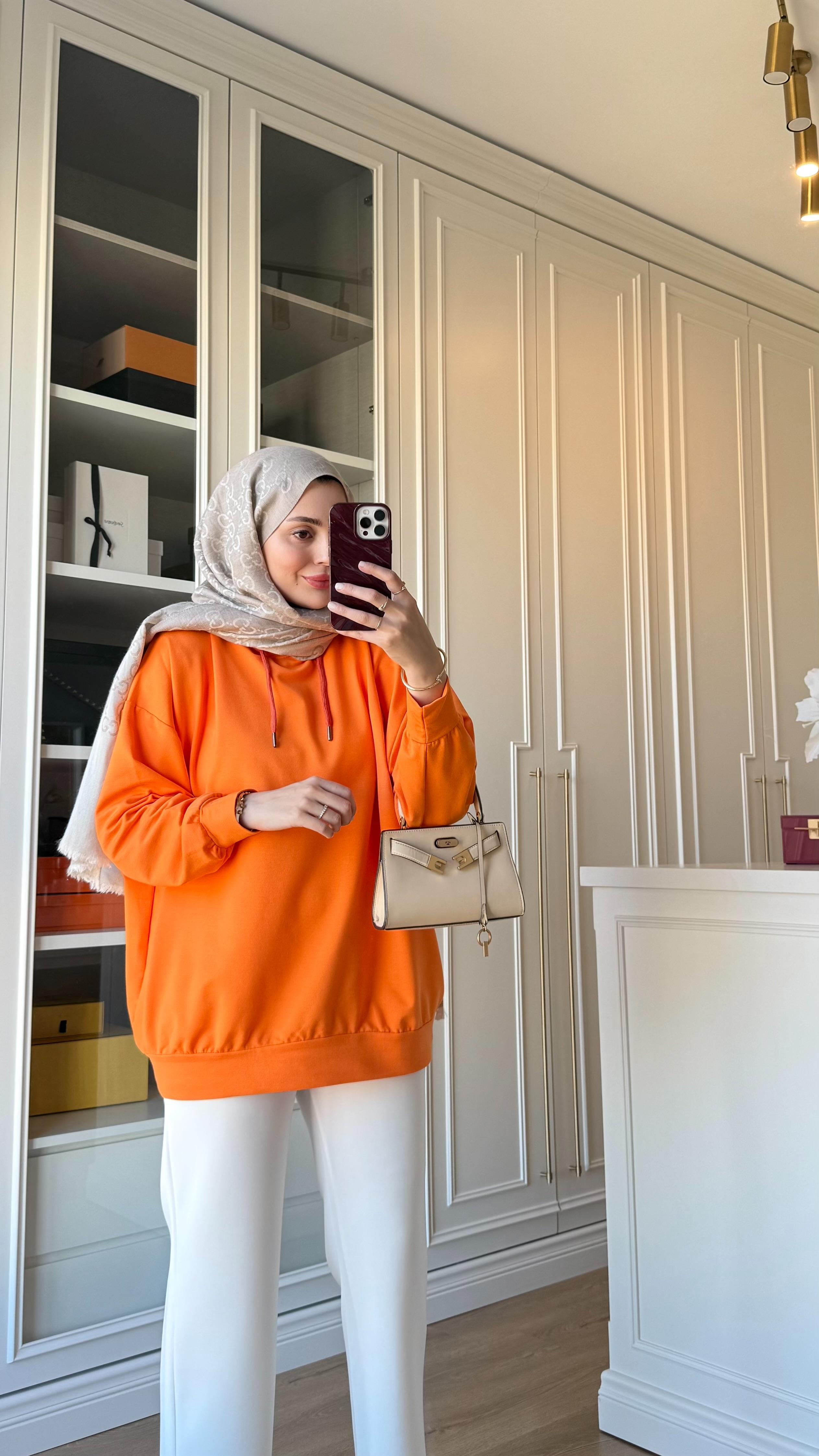 Basic Kapüşonlu Sweatshirt Turuncu