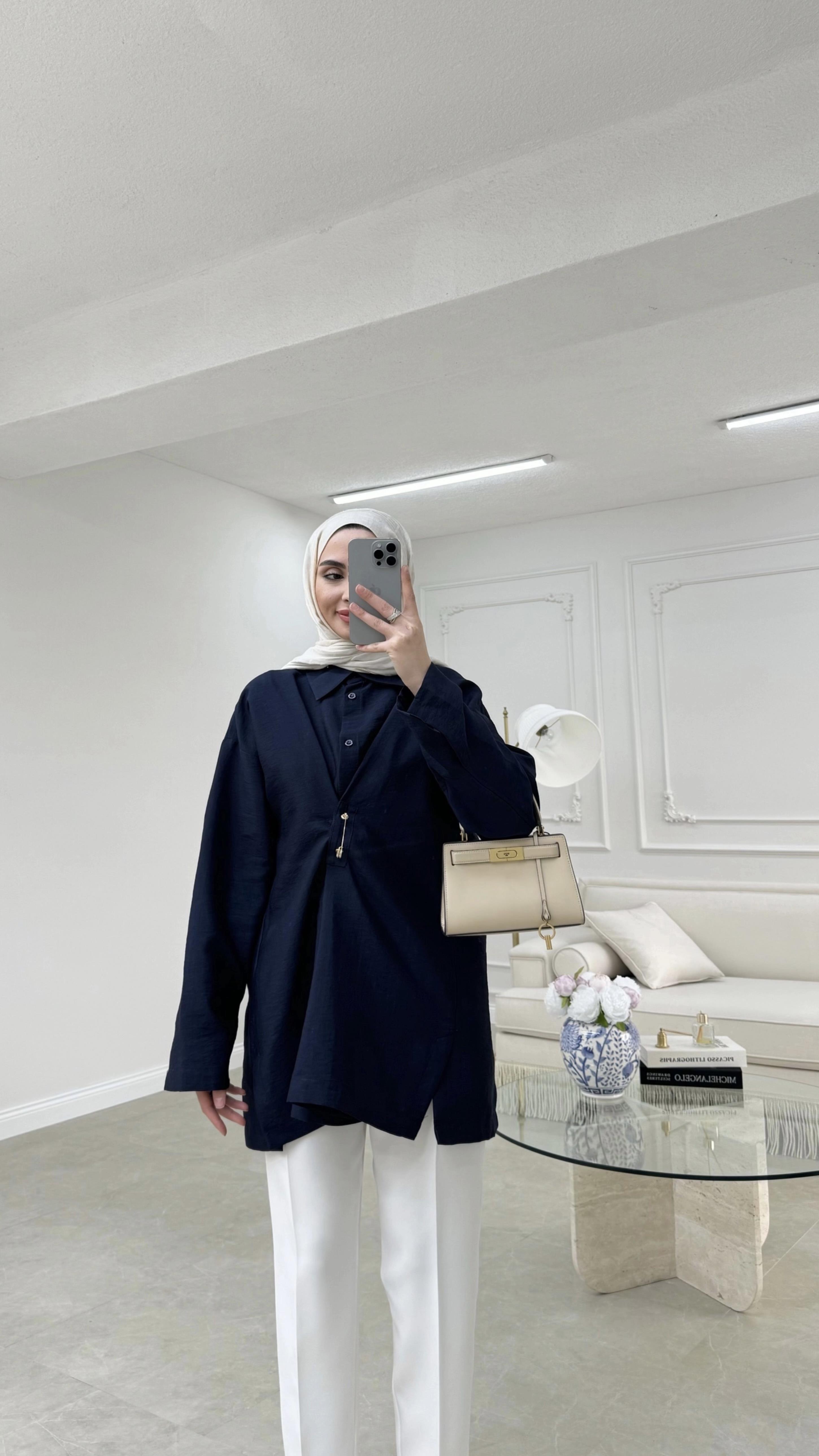 Broşlu Cupra Gömlek Lacivert