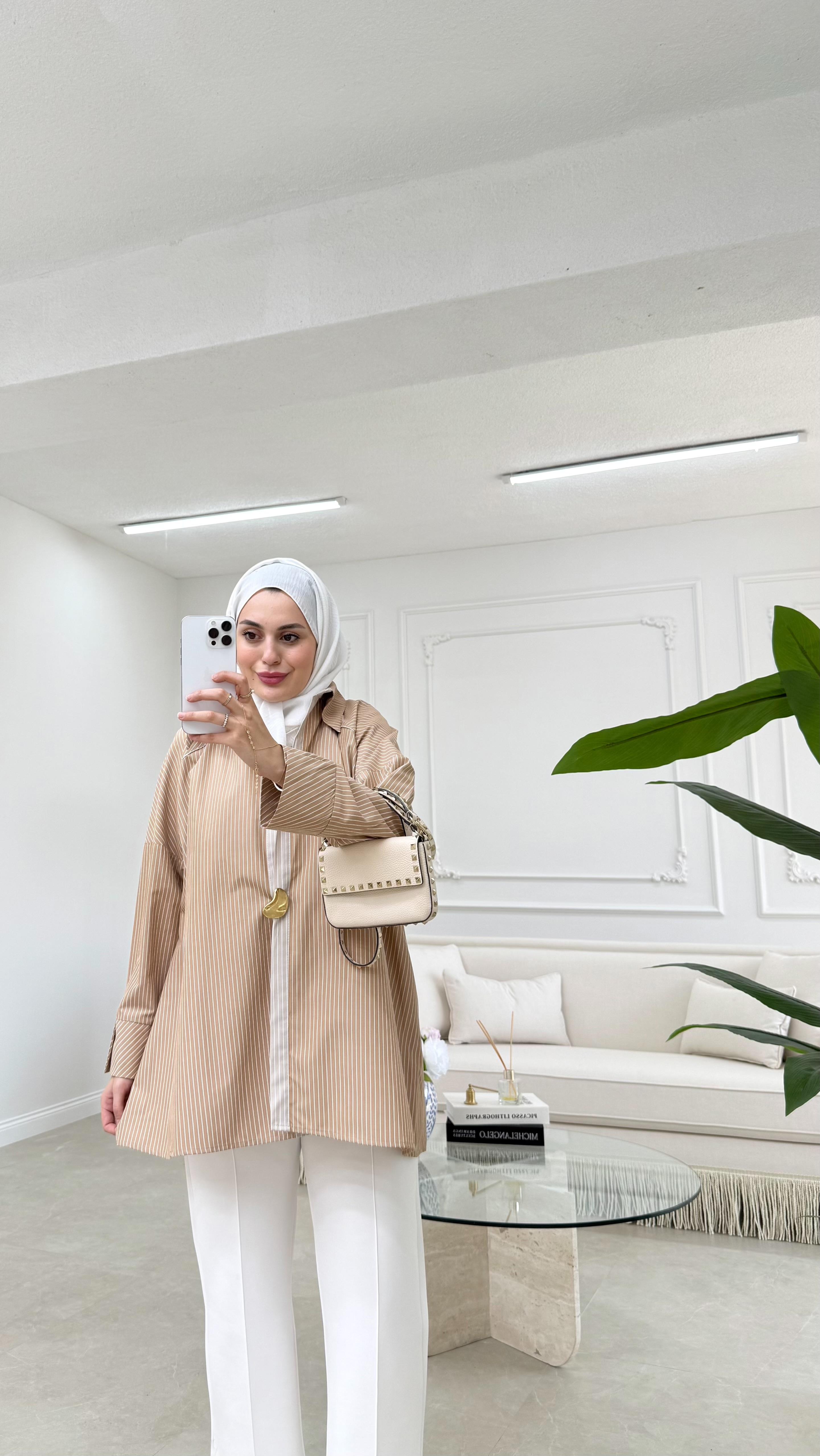 Broşlu Poplin Gömlek Vizon