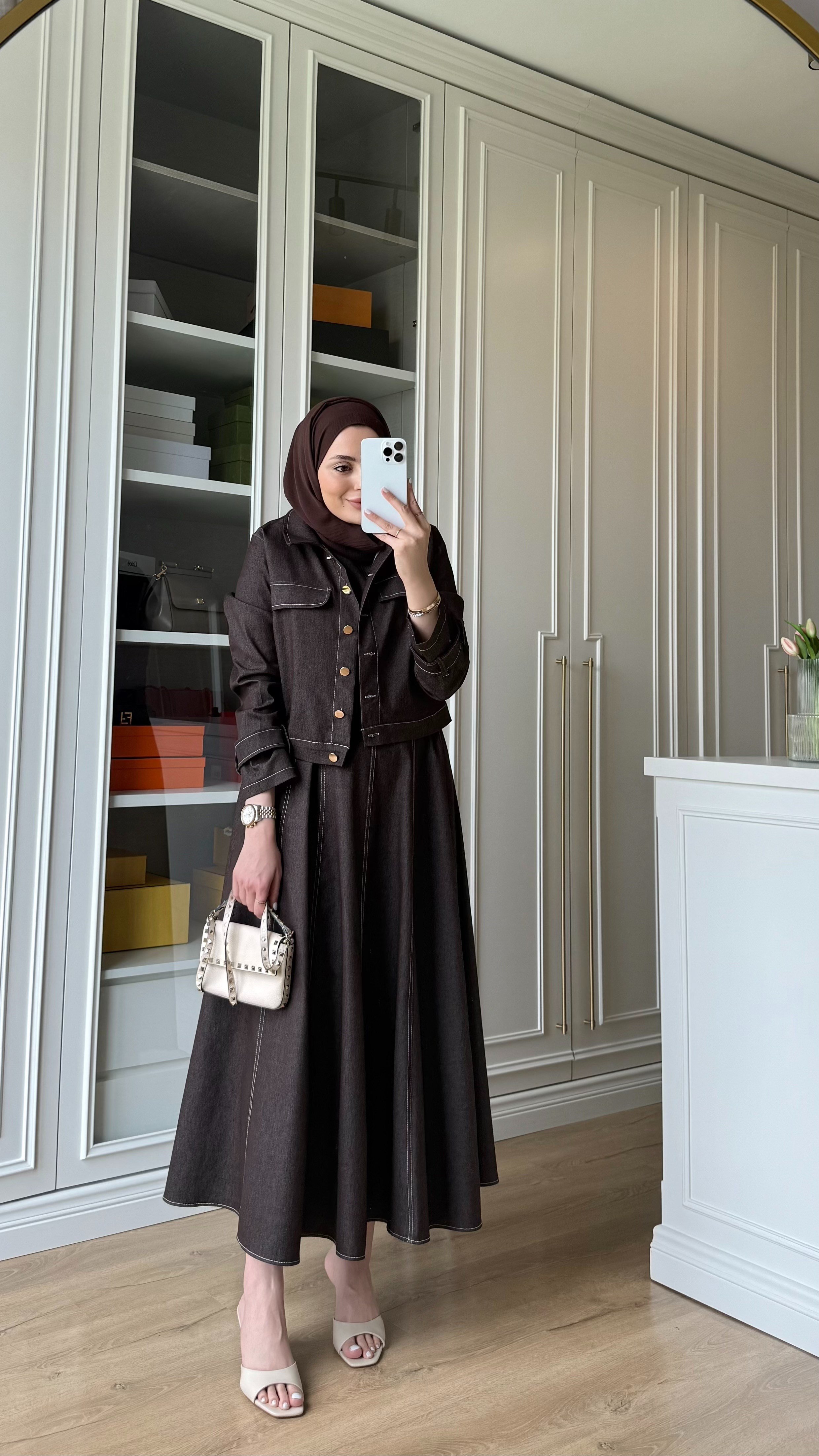 Ceketli Denim Elbise Acı Kahve