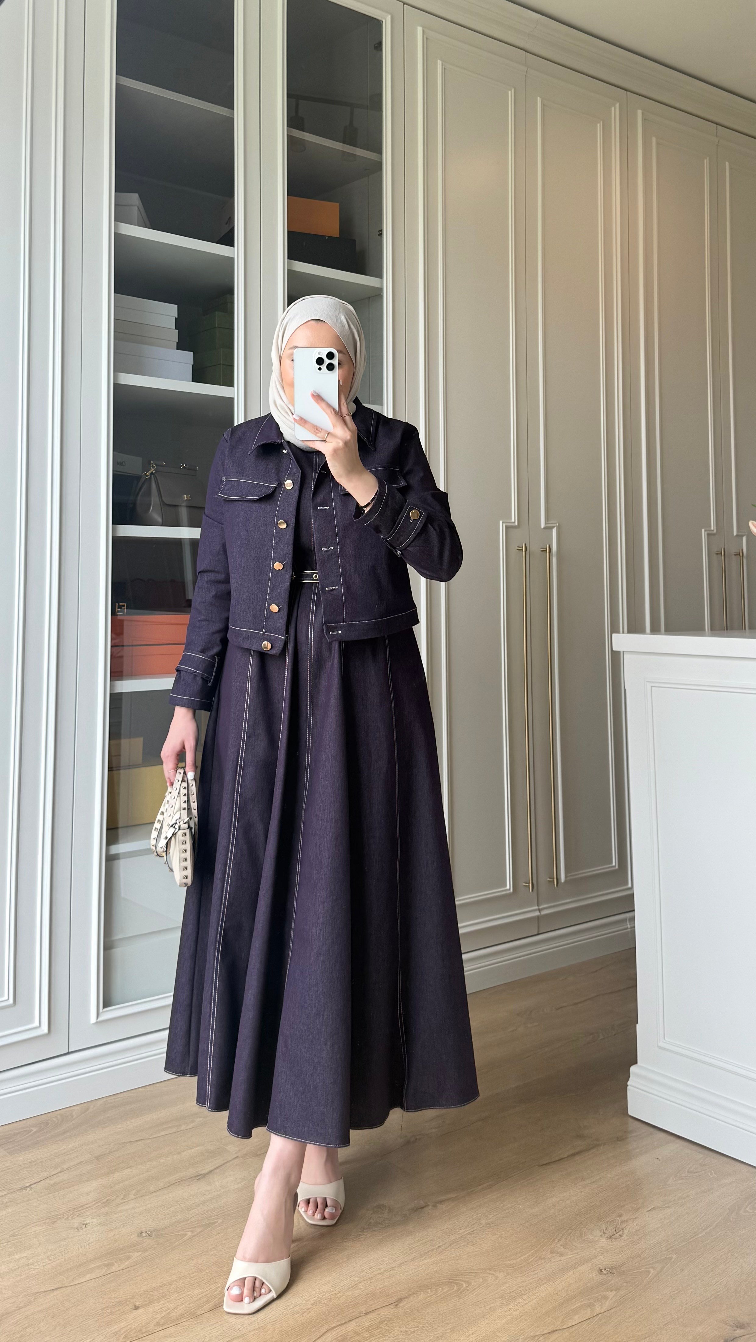 Ceketli Denim Elbise Mürdüm