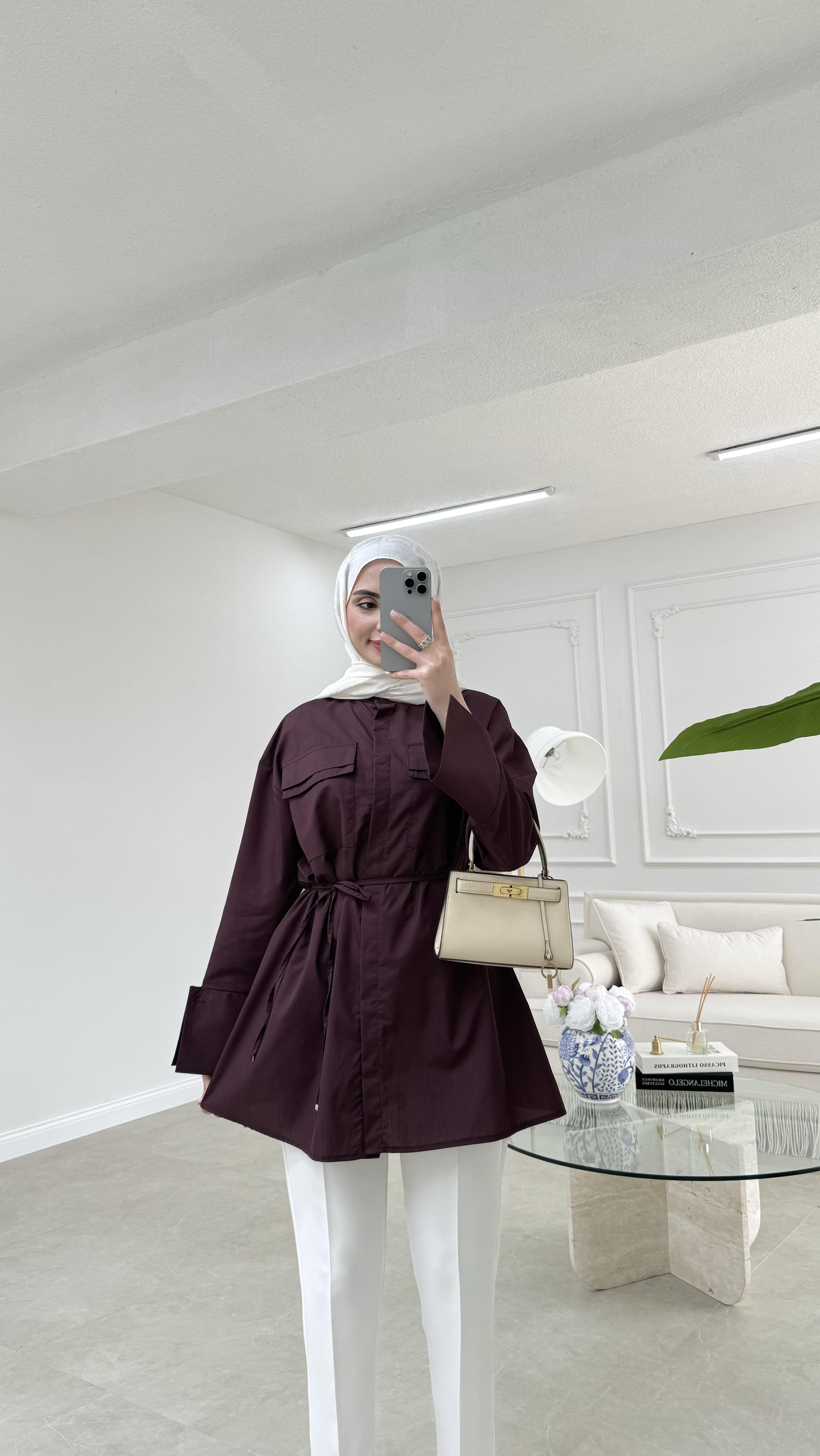 Cep Detaylı Poplin Gömlek Bordo