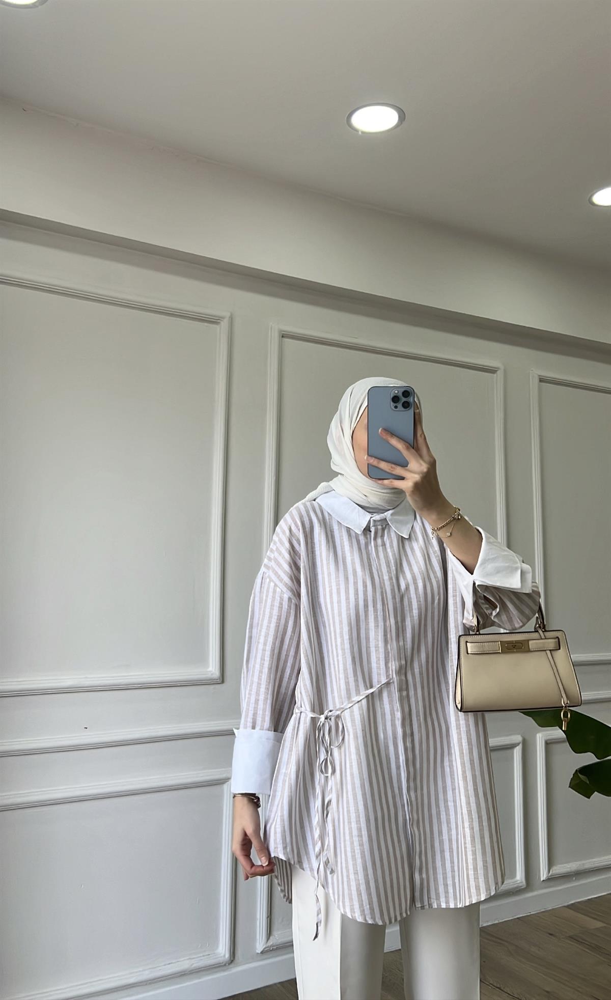 Çizgili Keten Gömlek - Bej 