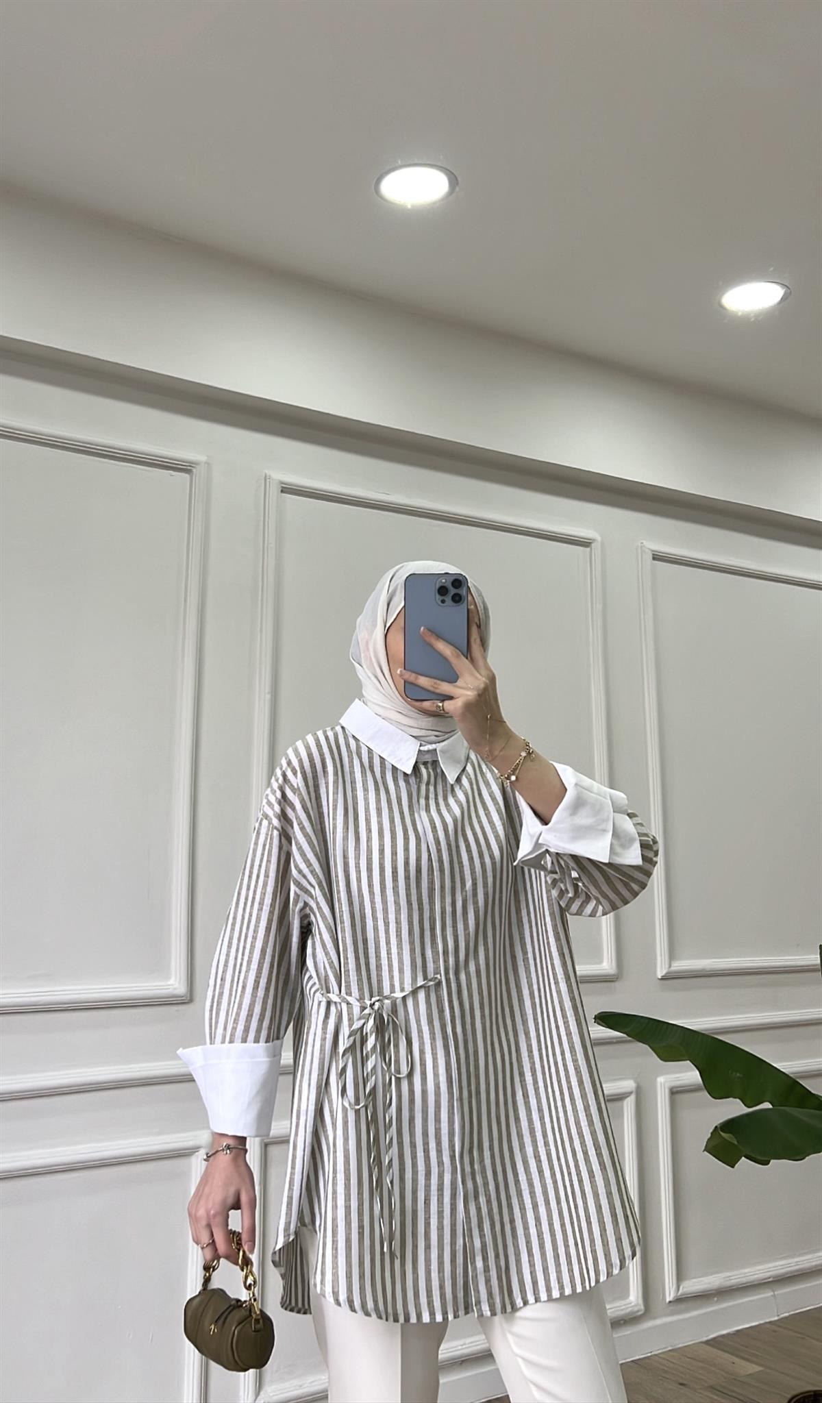 Çizgili Keten Gömlek - Haki