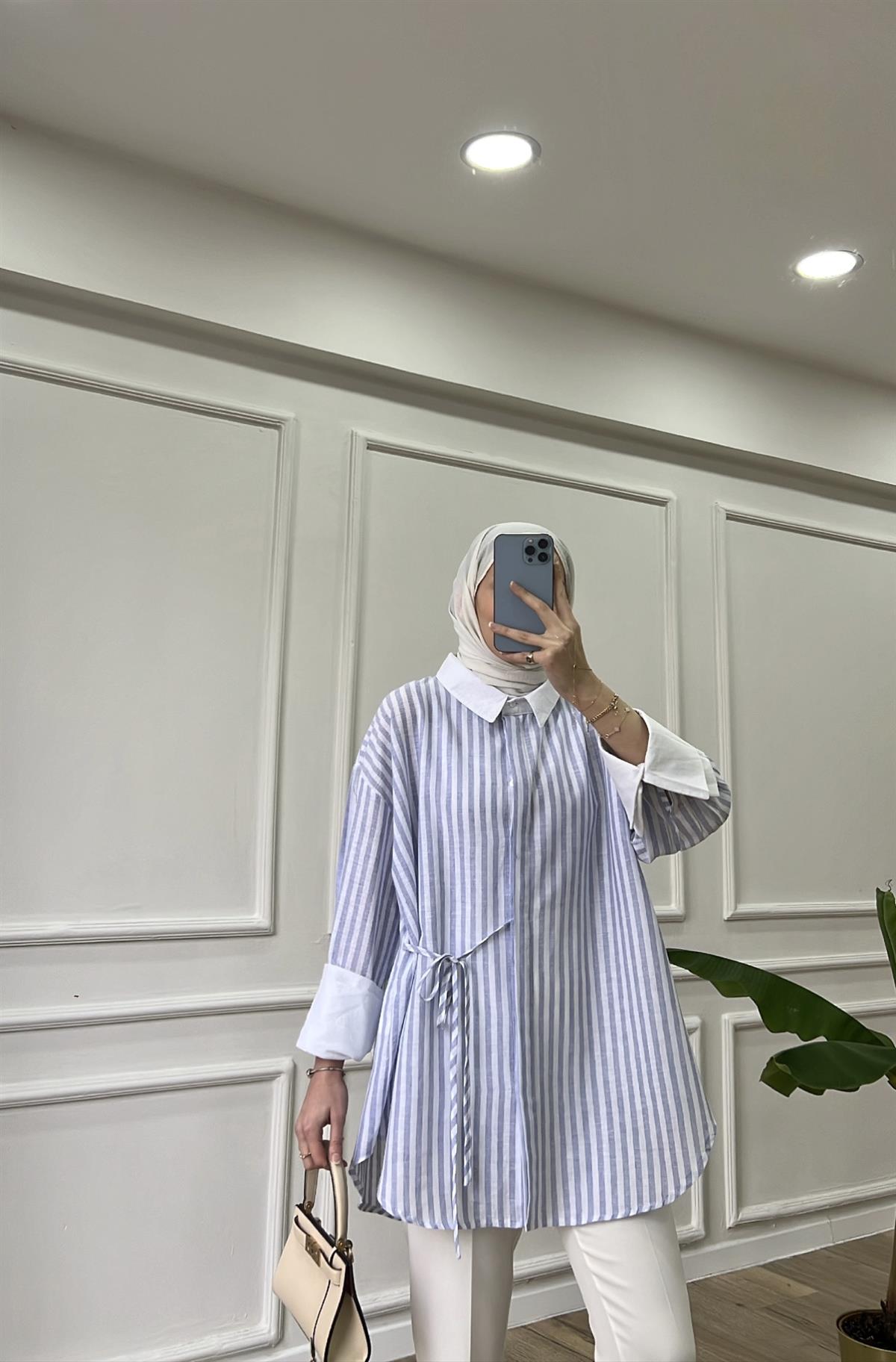 Çizgili Keten Gömlek - Mavi