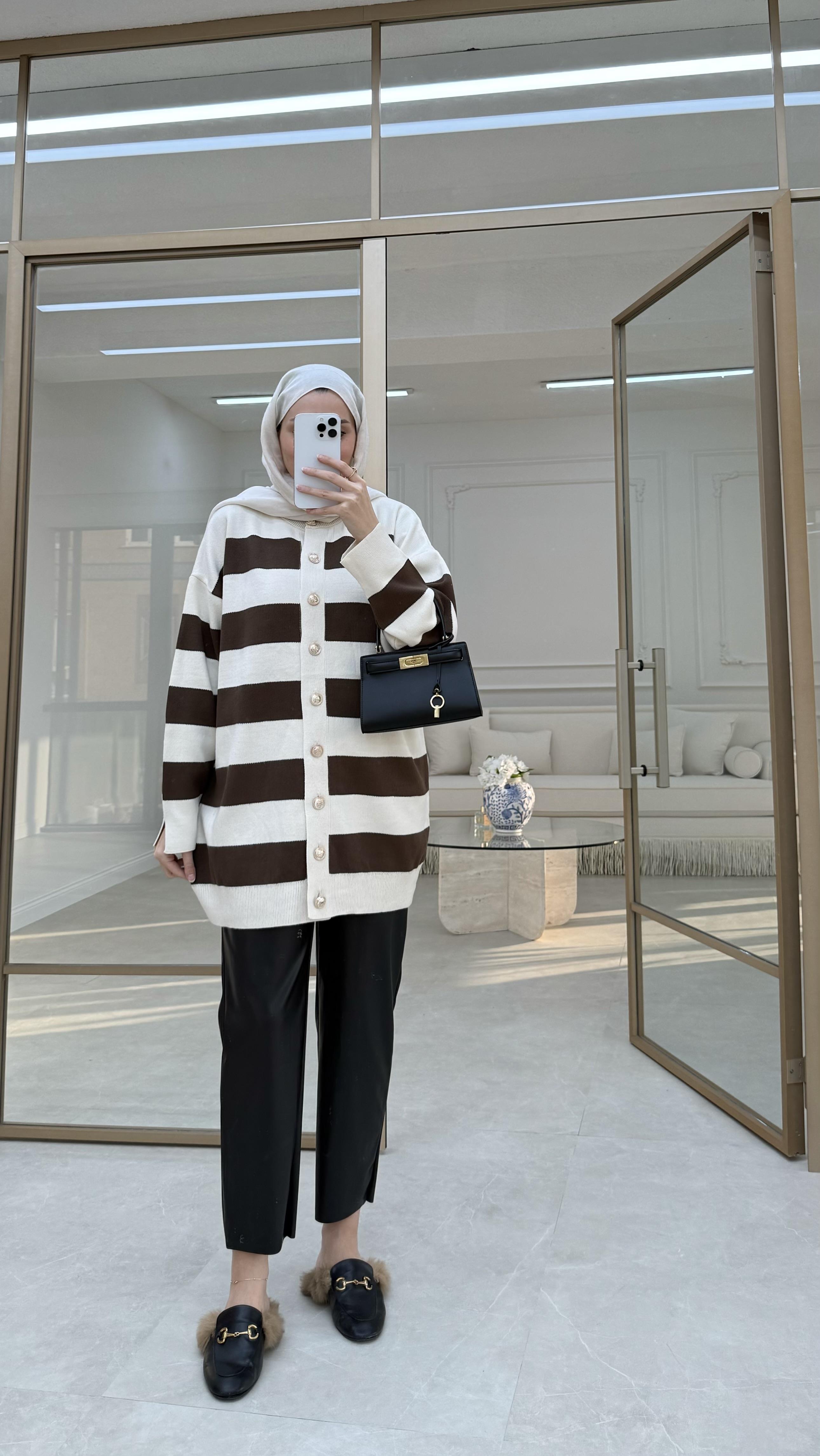 Çizgili Triko Hırka Kahve