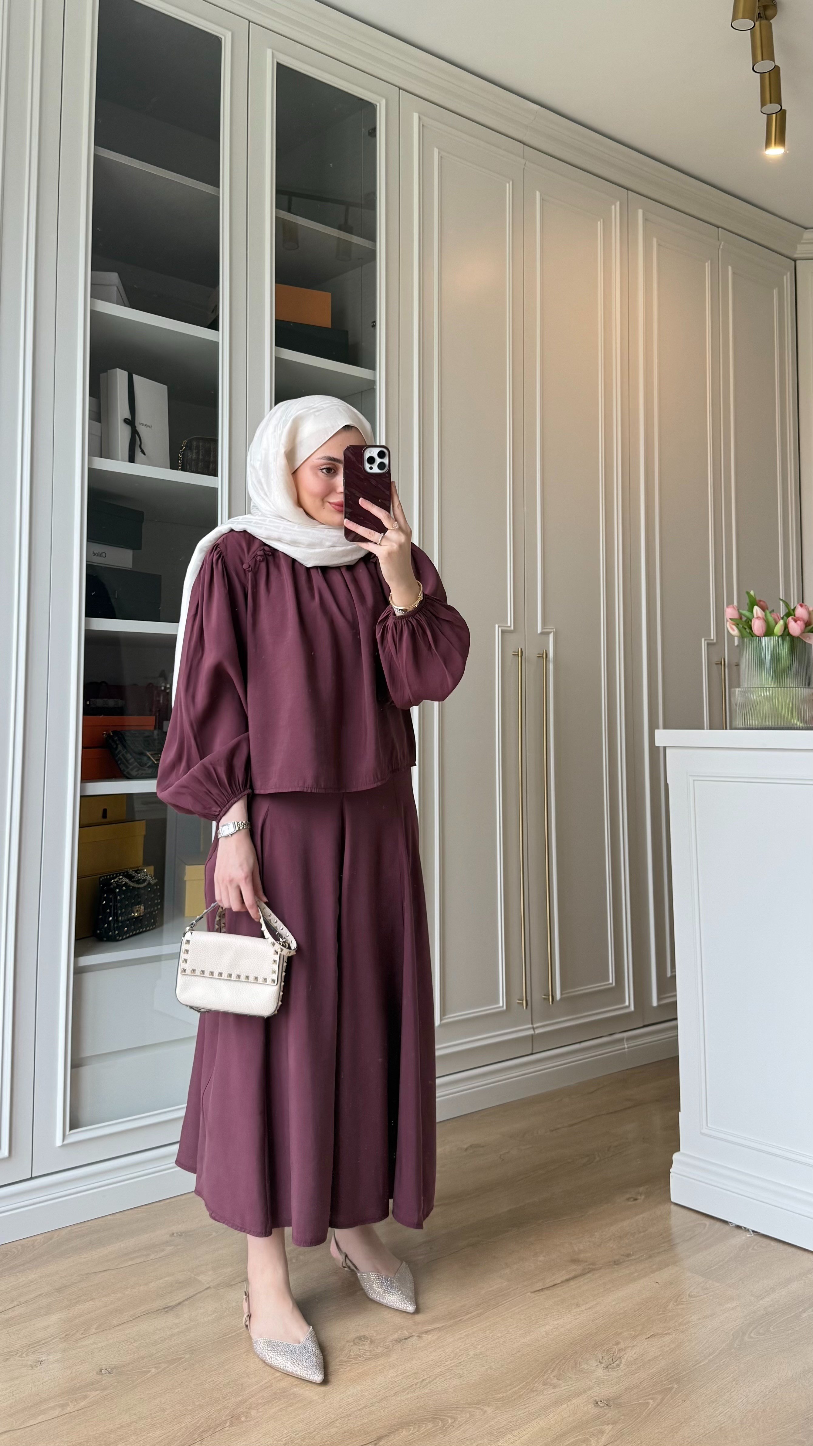 Düğme Detaylı Etekli Takım Bordo