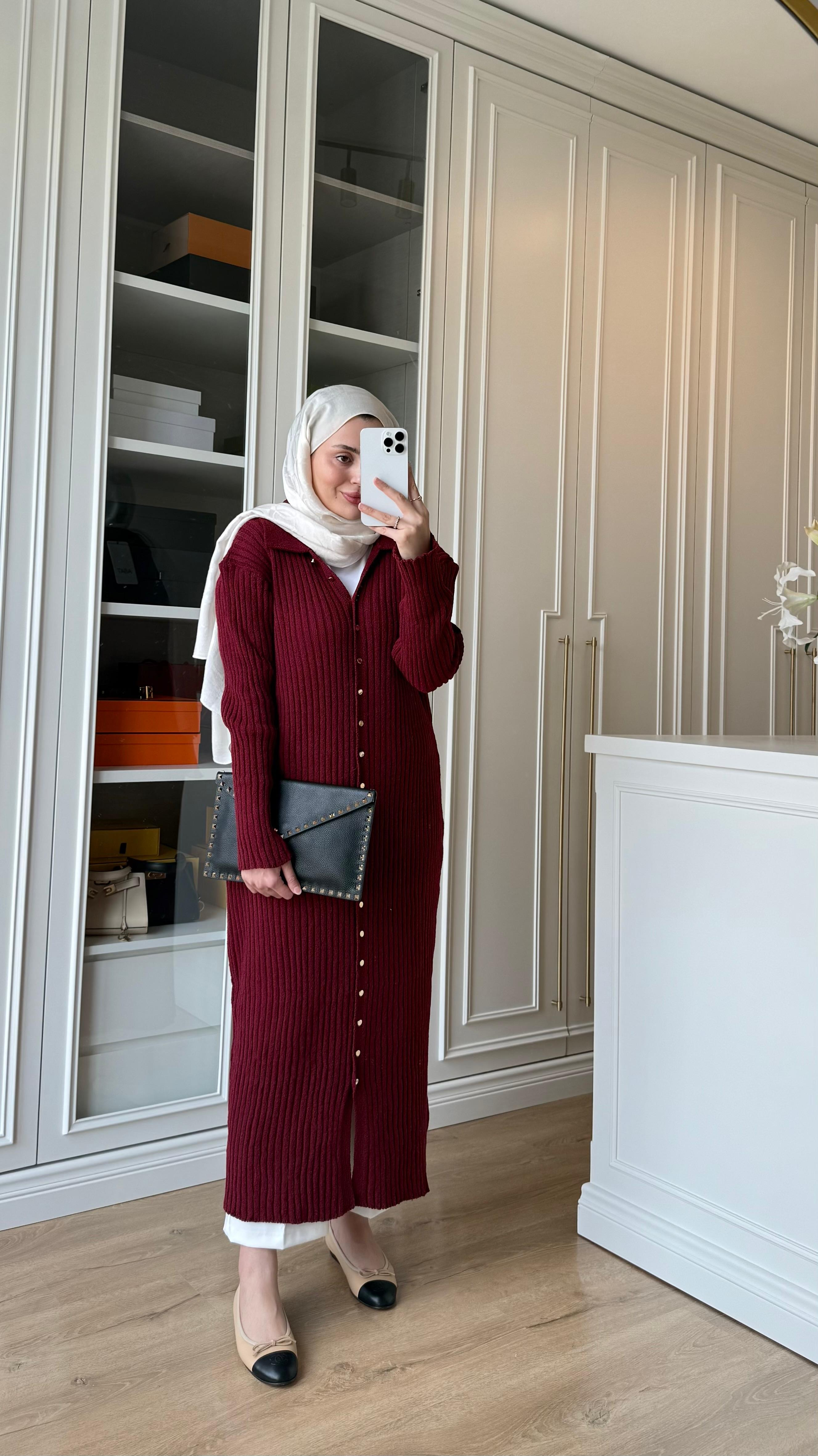 Düğmeli Triko Elbise Bordo