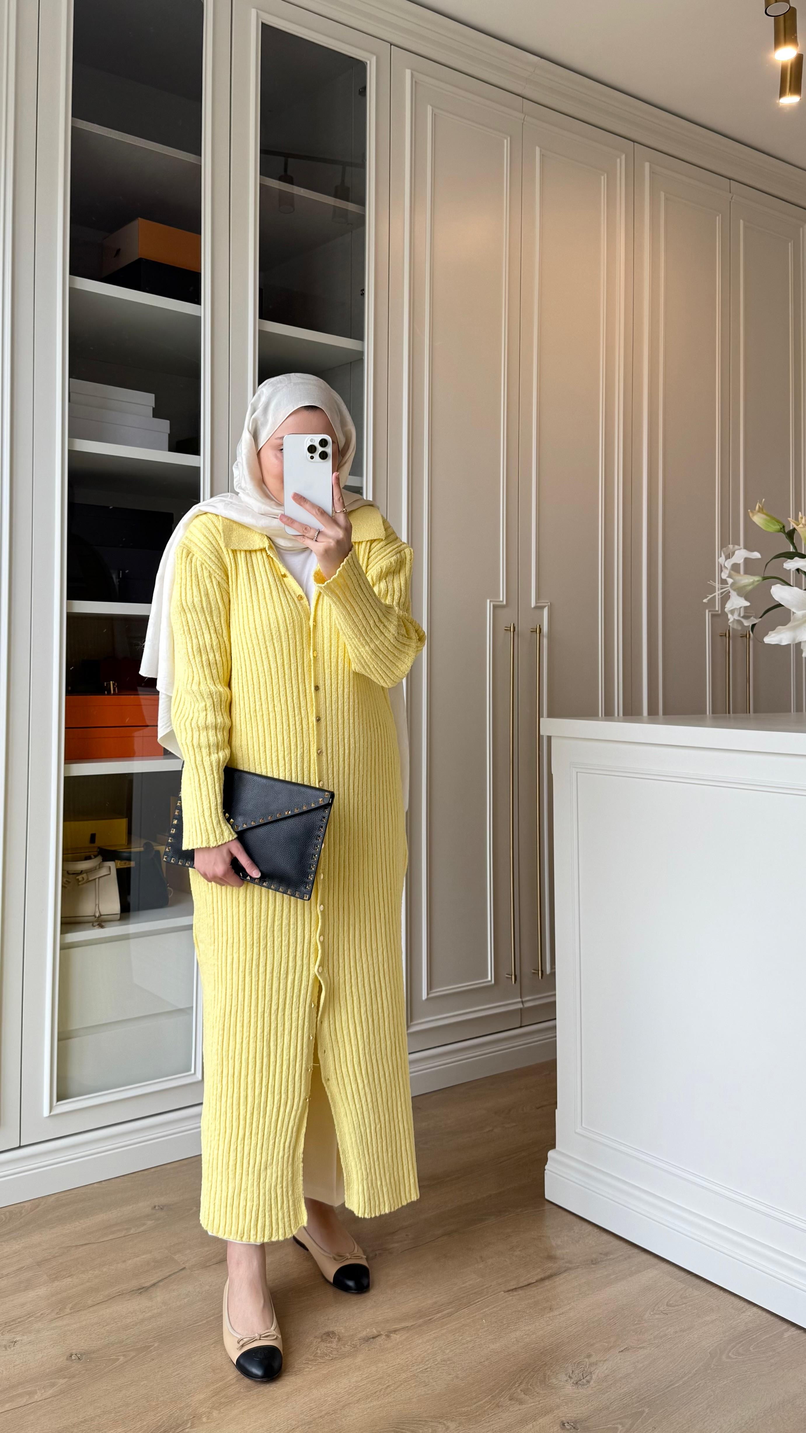 Düğmeli Triko Elbise Sarı