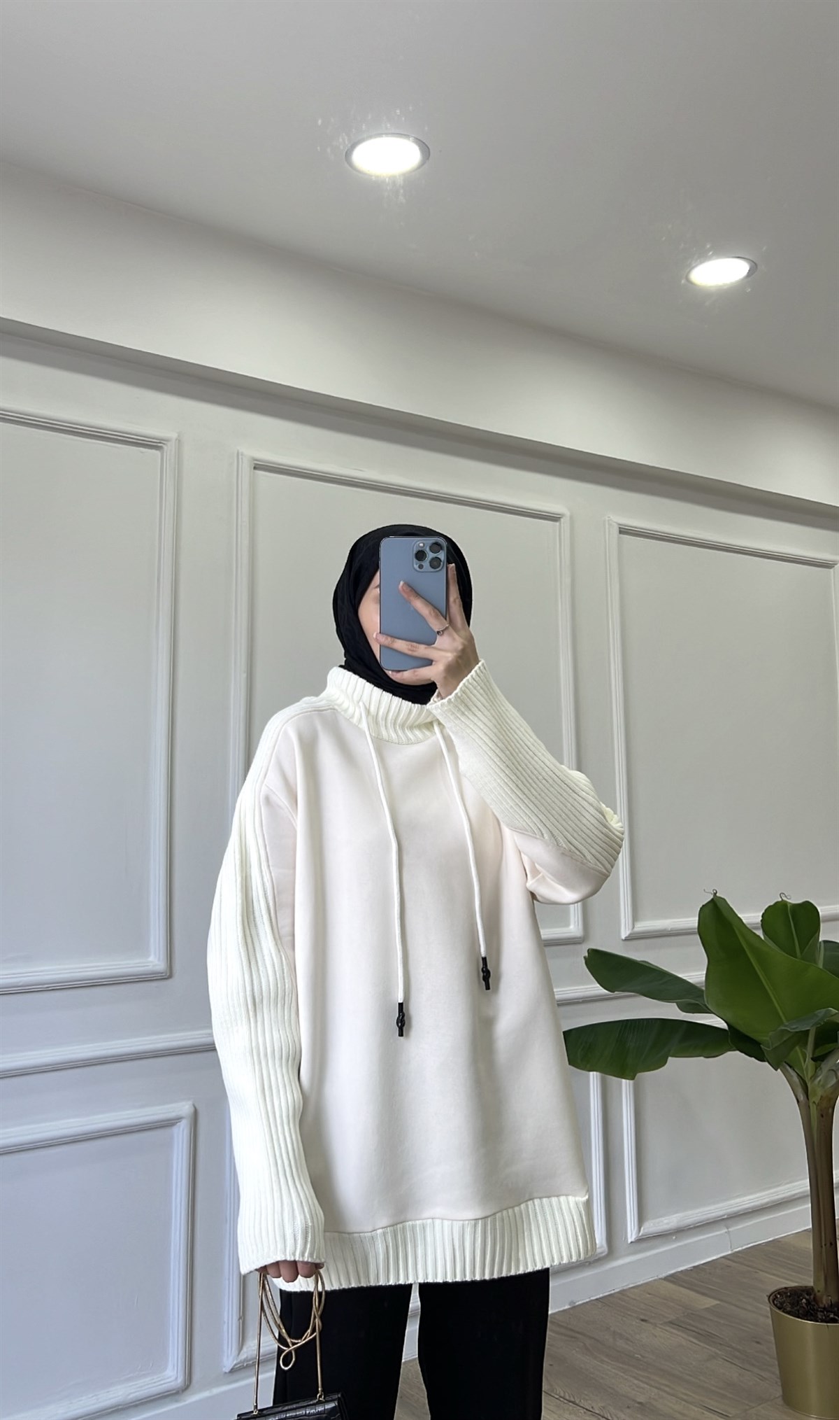 Ekru Üç iplik sweatshirt