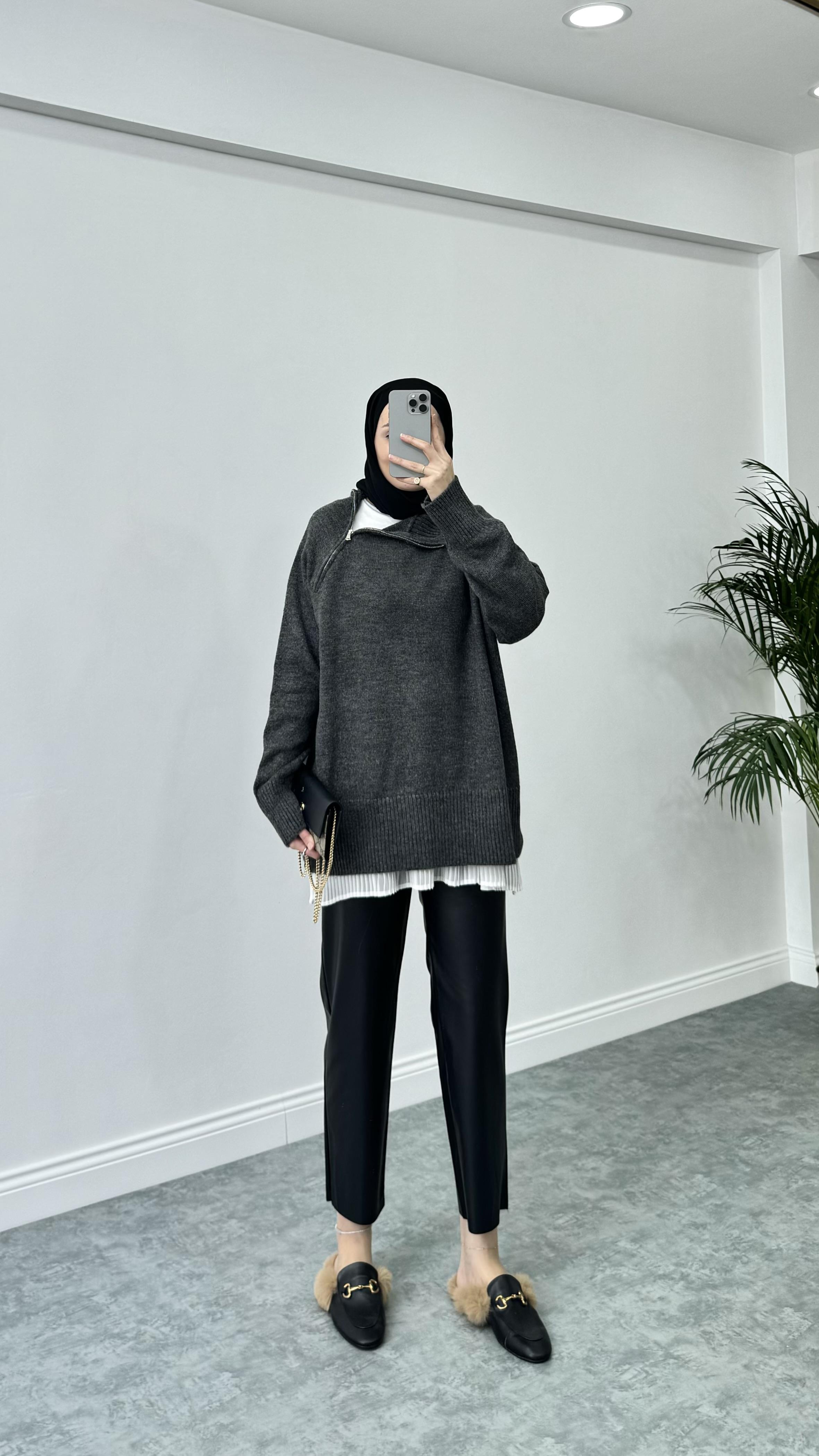 Fermuar Detaylı Triko Antrasit