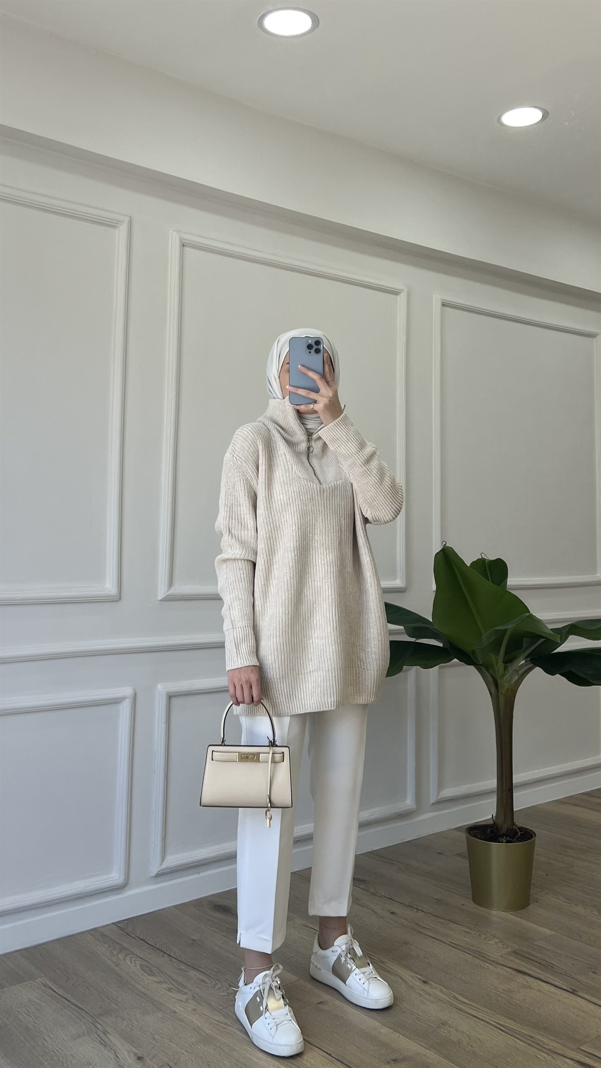 Fermuar Detaylı Triko - Bej