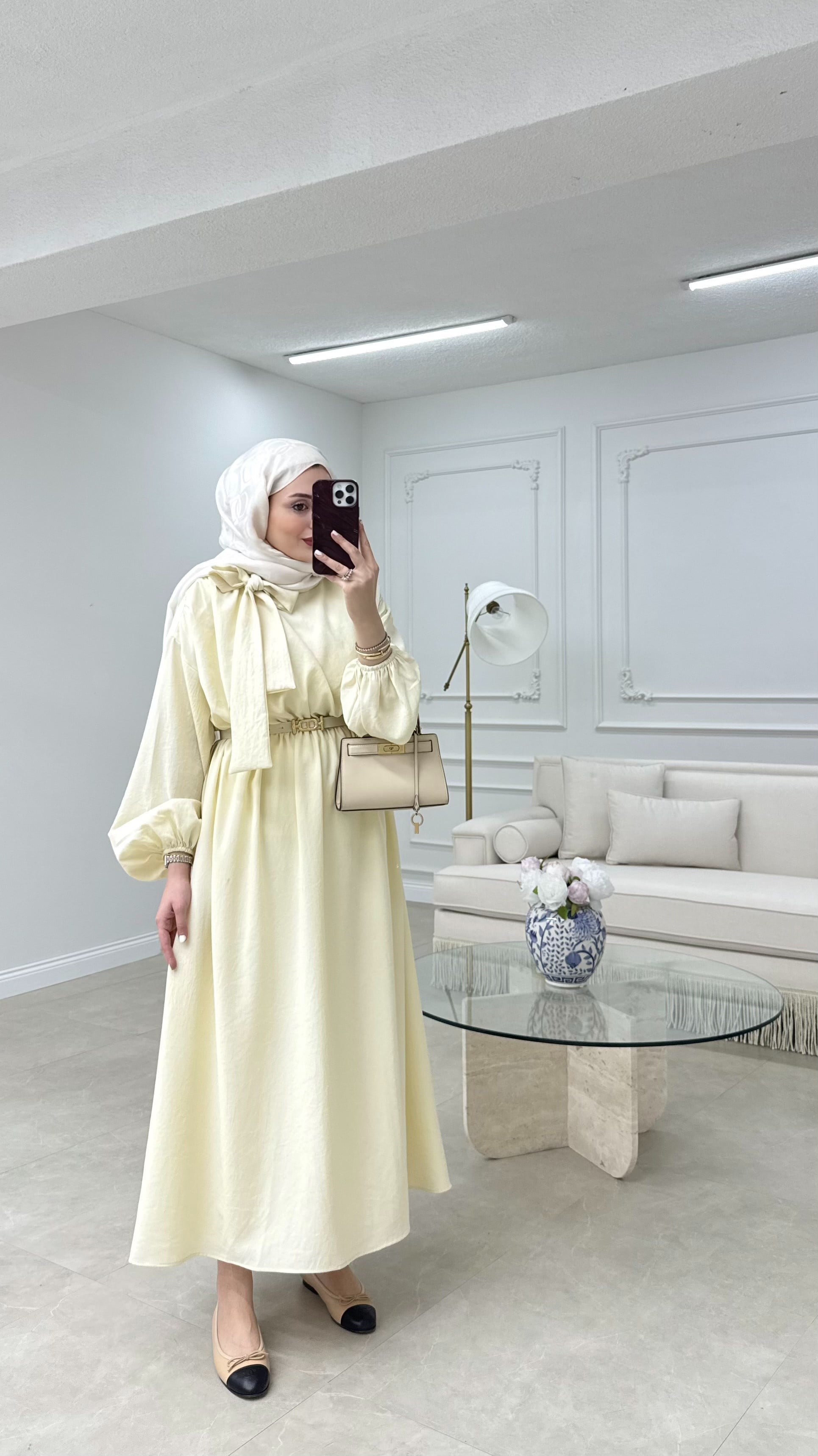 Fiyonk Bağlamalı Elbise Sarı
