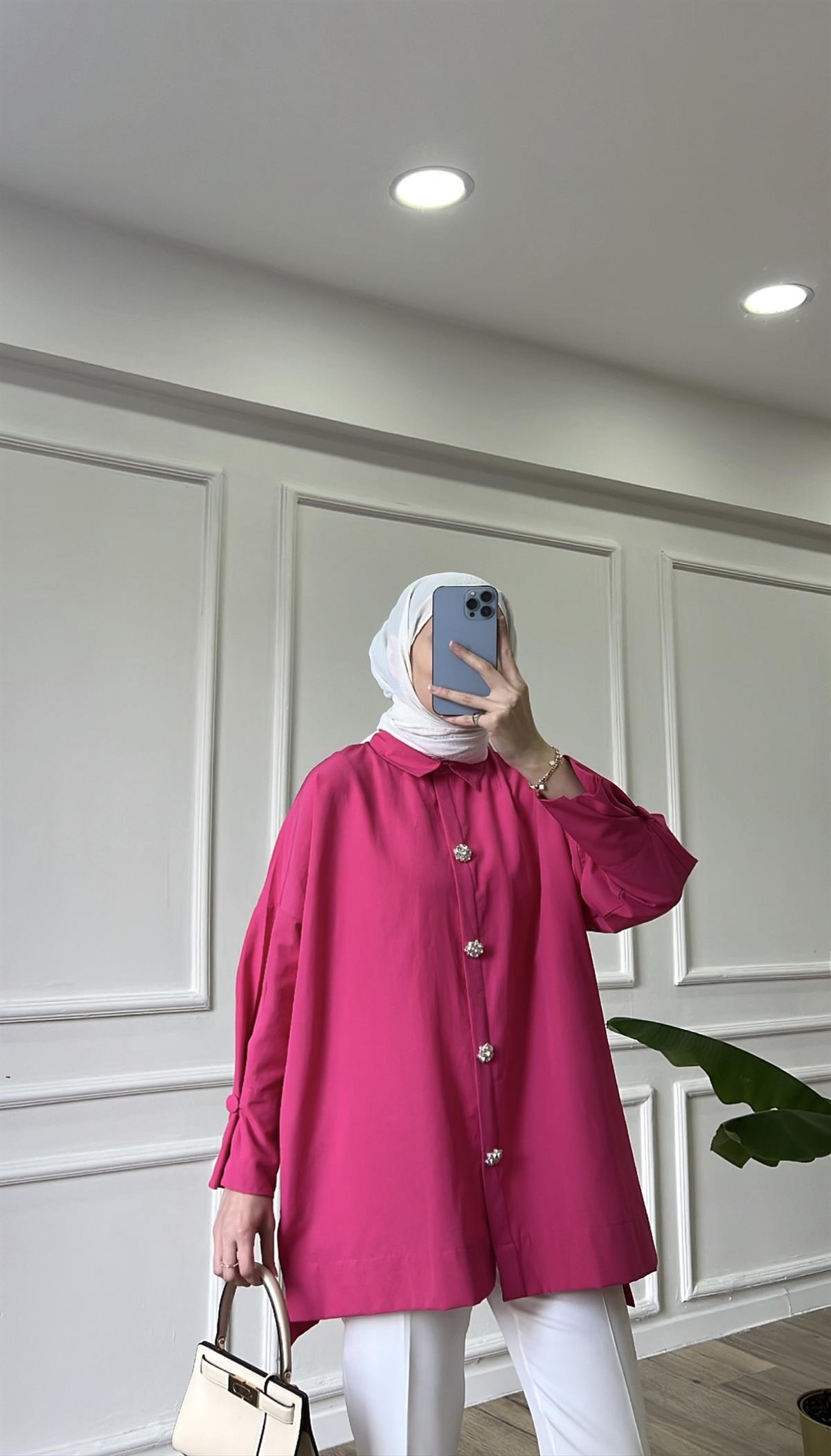Fuşya - Poplin Taş Detaylı Gömlek
