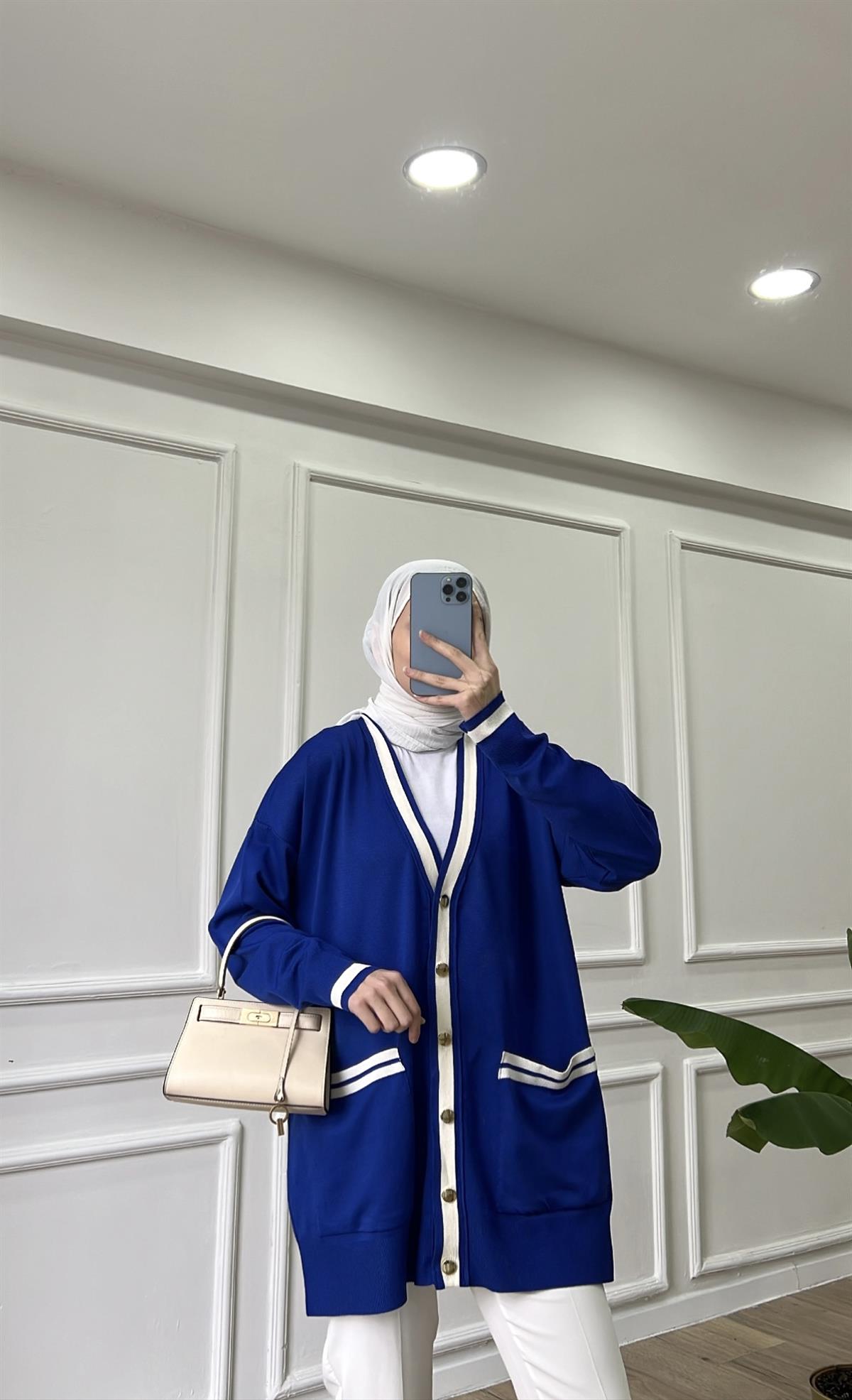 Gold Düğmeli Merserize Hırka - Saks