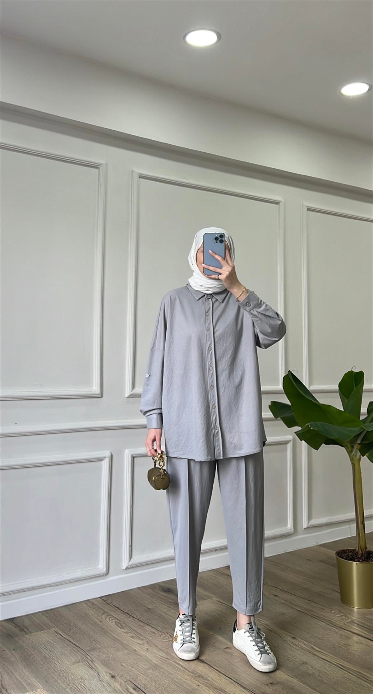 Gri - Asel Gömlek Takım