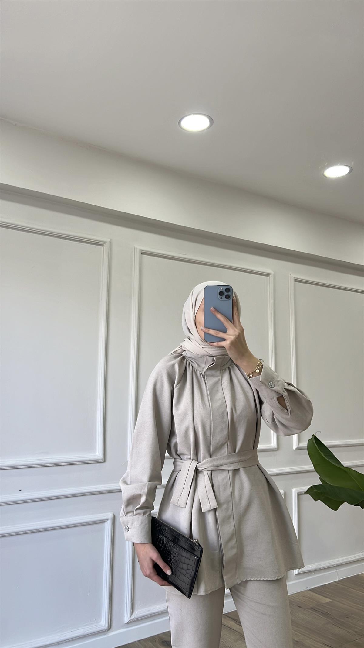 Gri - Kemerli Keten Takım