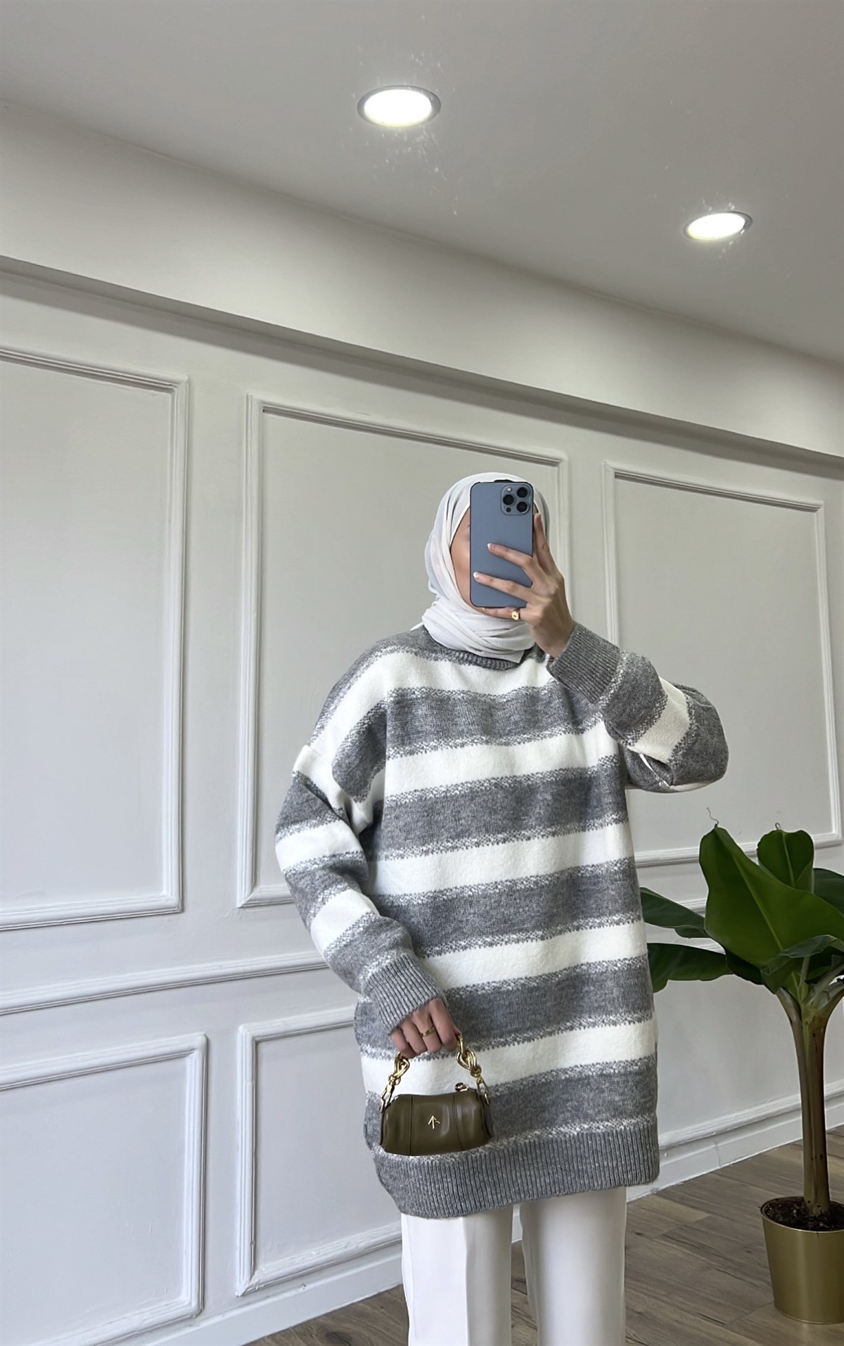 Gri Soft Çizgili Kazak