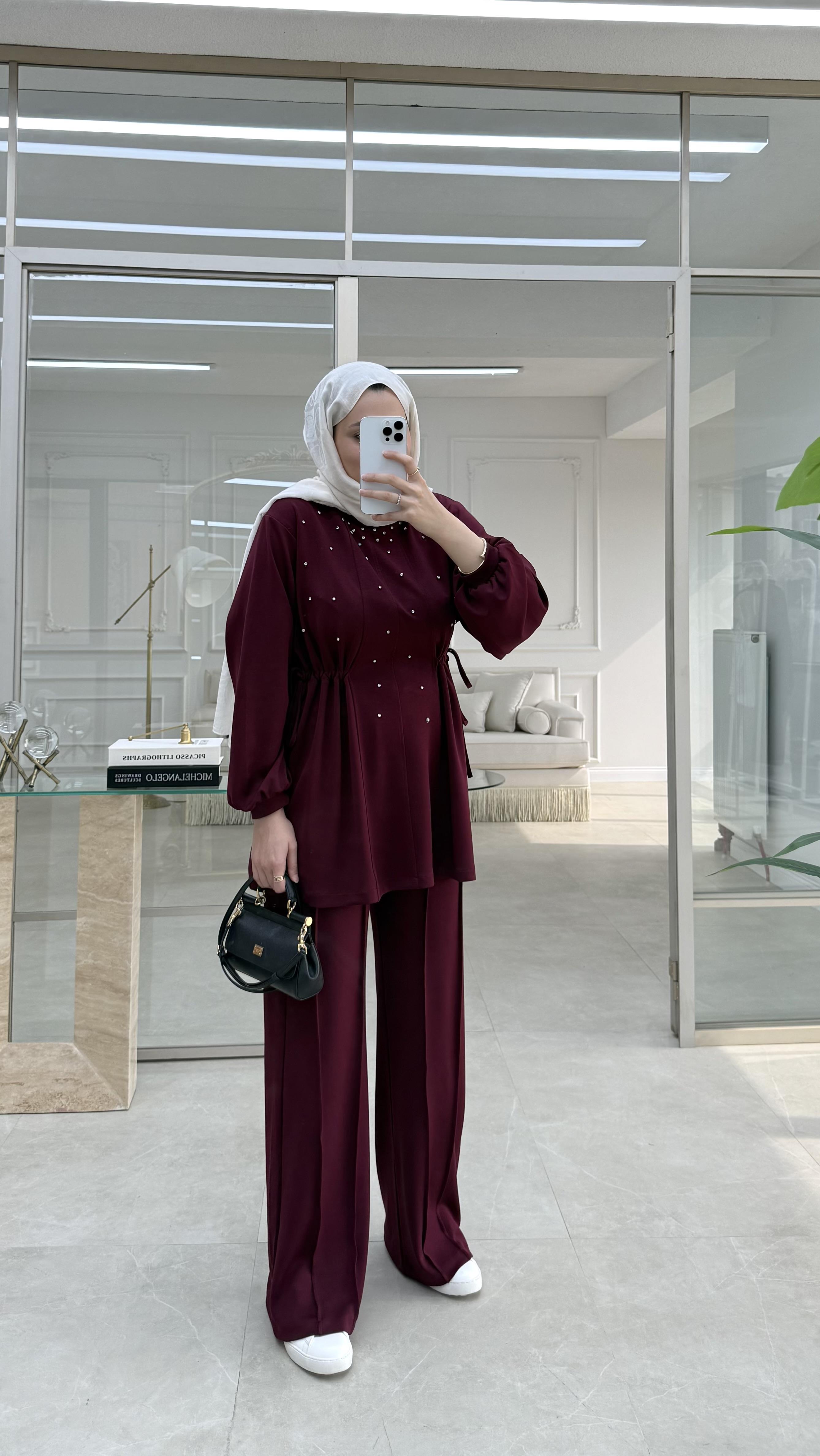 İkili Taşlı Takım Bordo