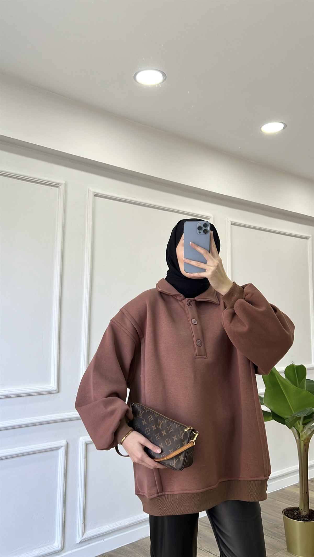 Kahve - Polo Yaka Sweatshirt 