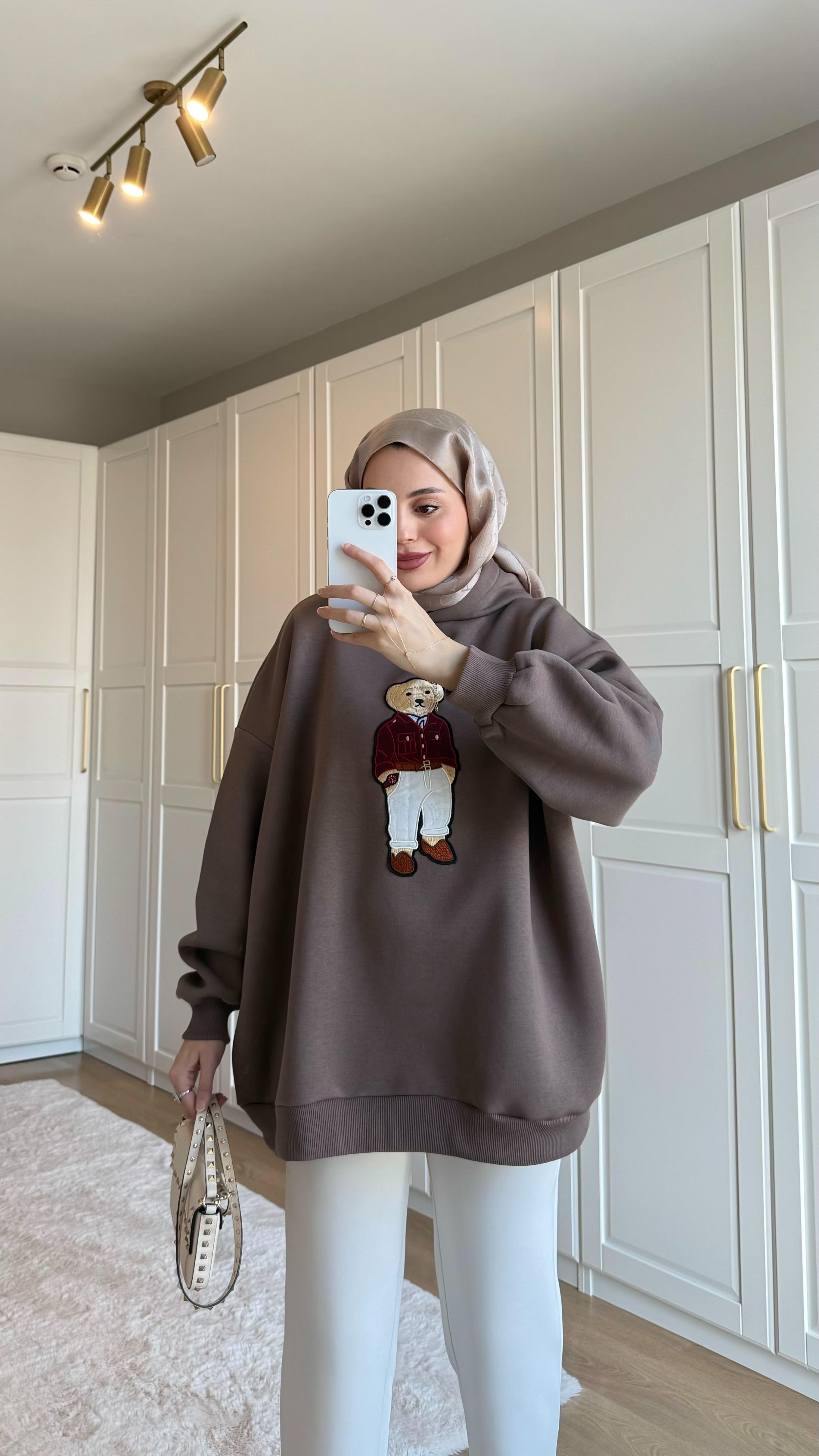 Kapüşonlu Teddy Sweatshirt Vizon