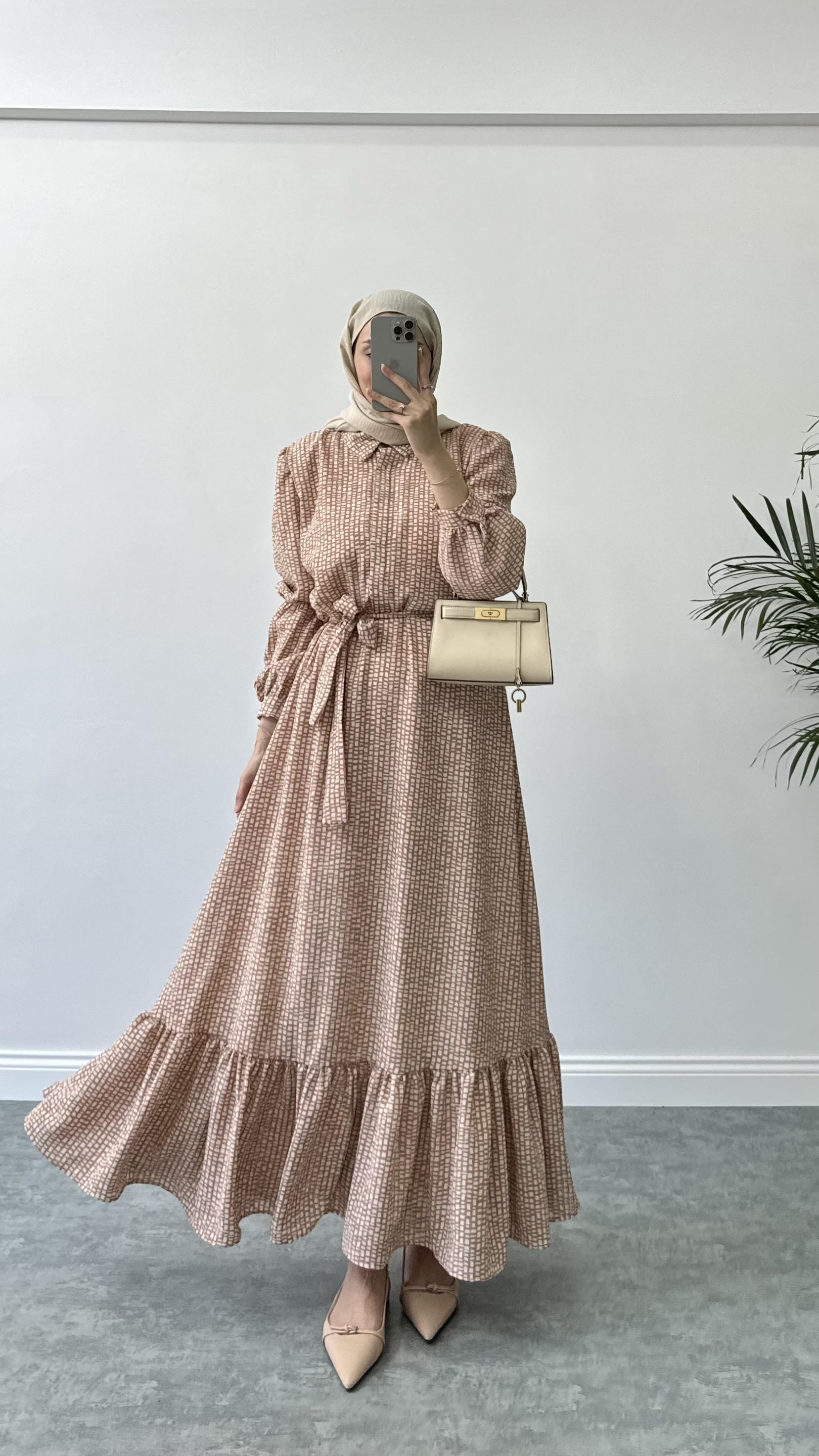 Kare Desenli Elbise Pudra