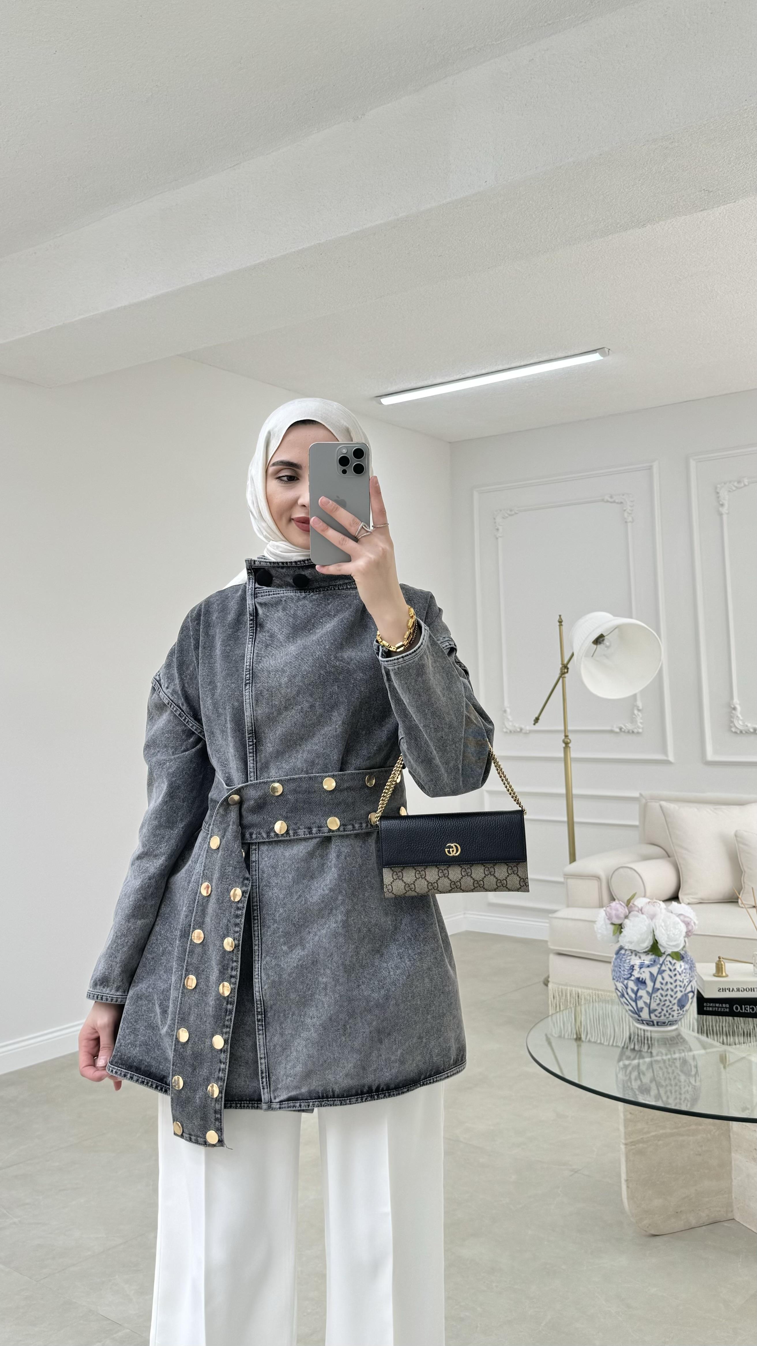 Kemerli Denim Ceket Antrasit 