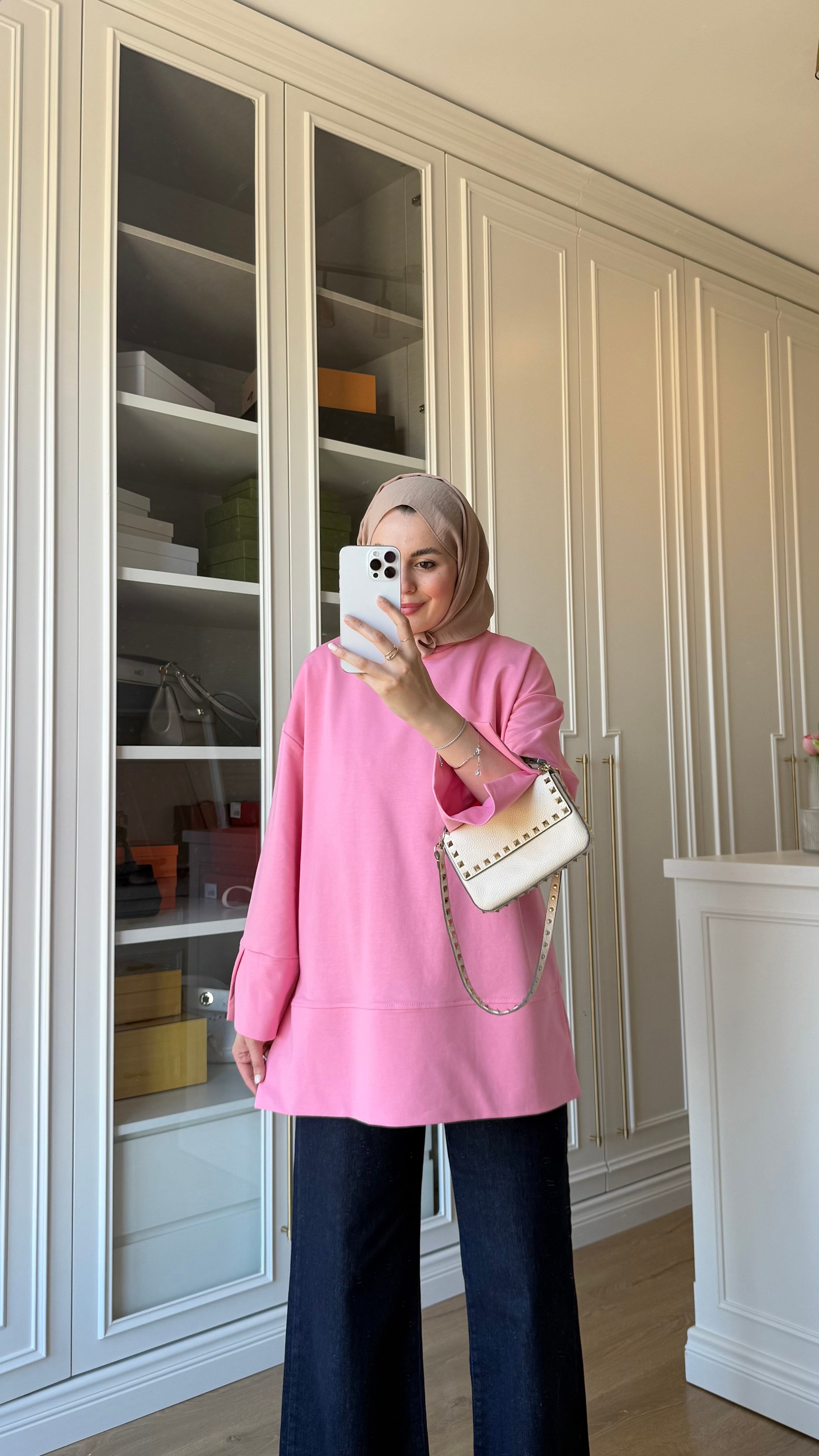 Kolları Yırtmaçlı Sweatshirt Pembe 