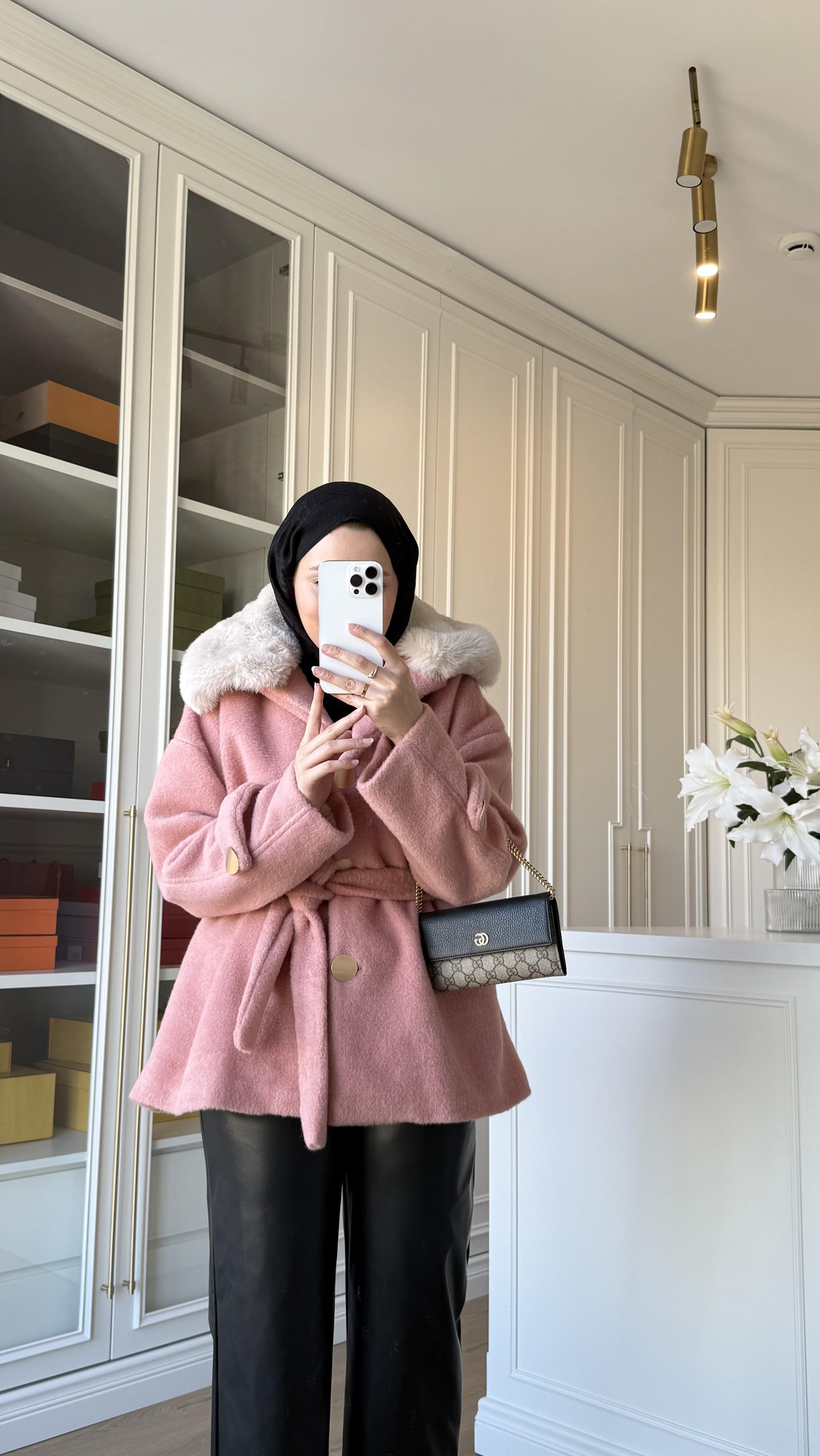 Kürklü Kaşe Kaban Soft Pembe 