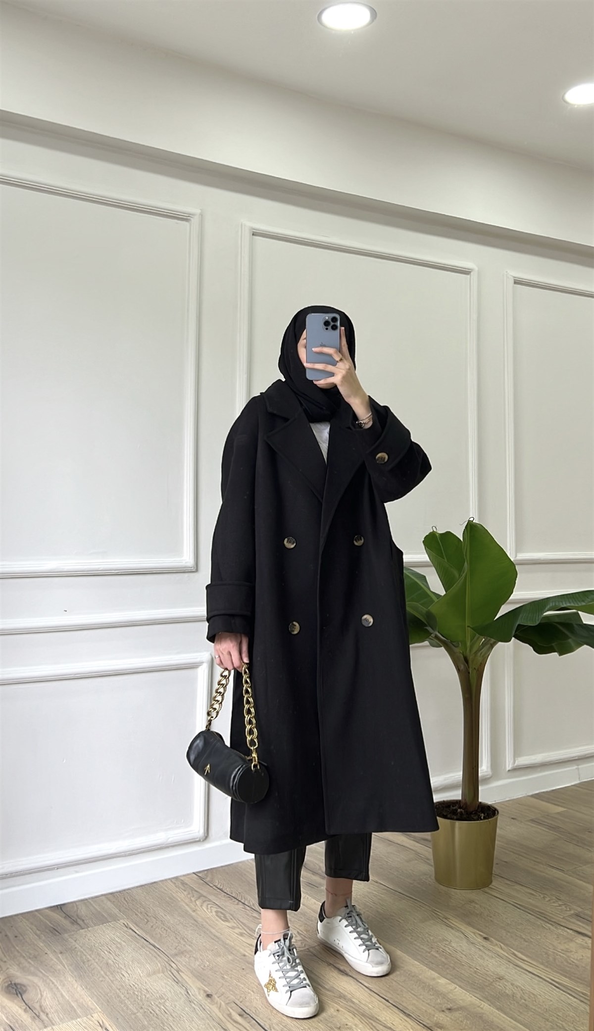 Kuşaklı Yün Kaban - Siyah