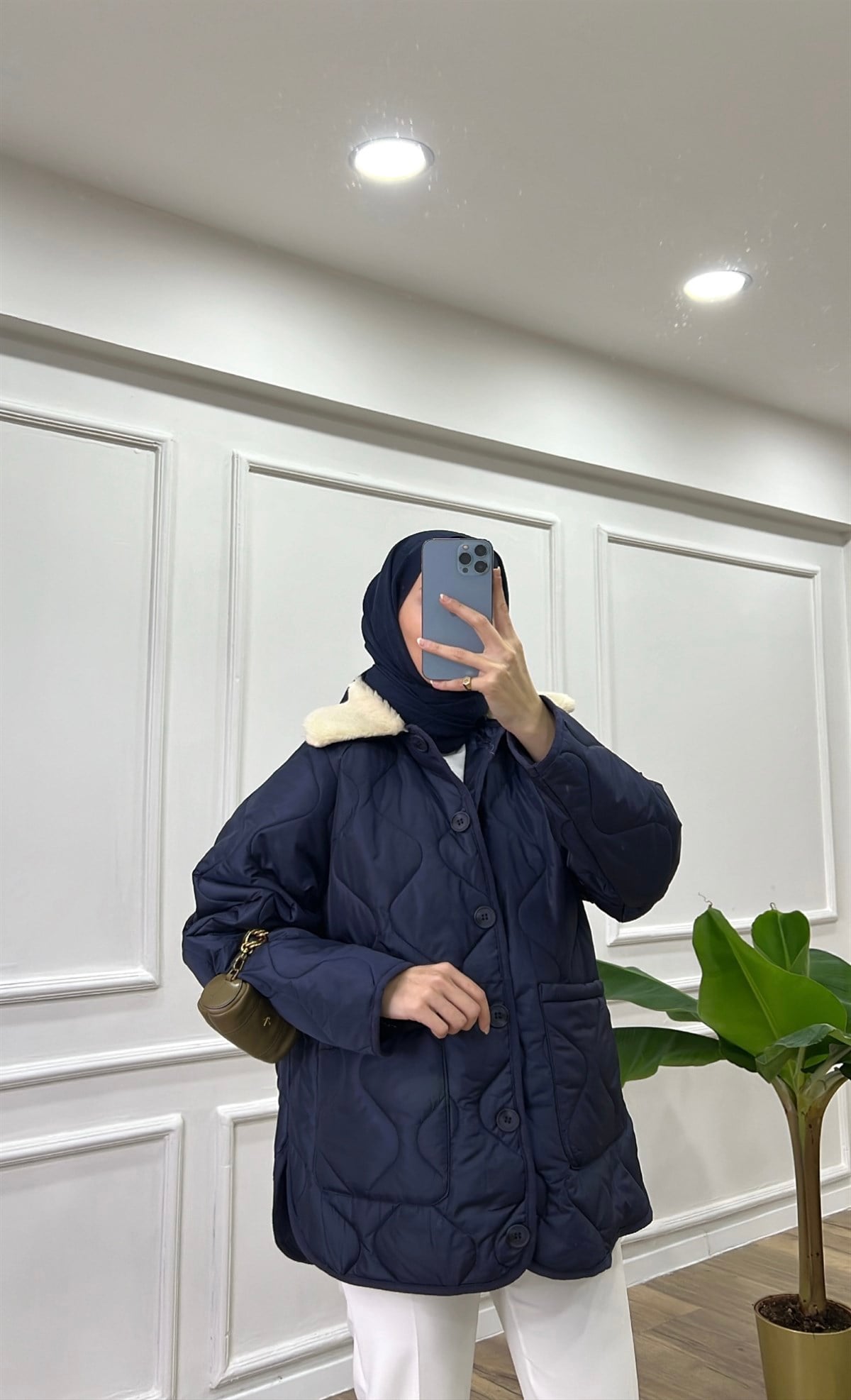 Lacivert Kürklü Kapitone Mont