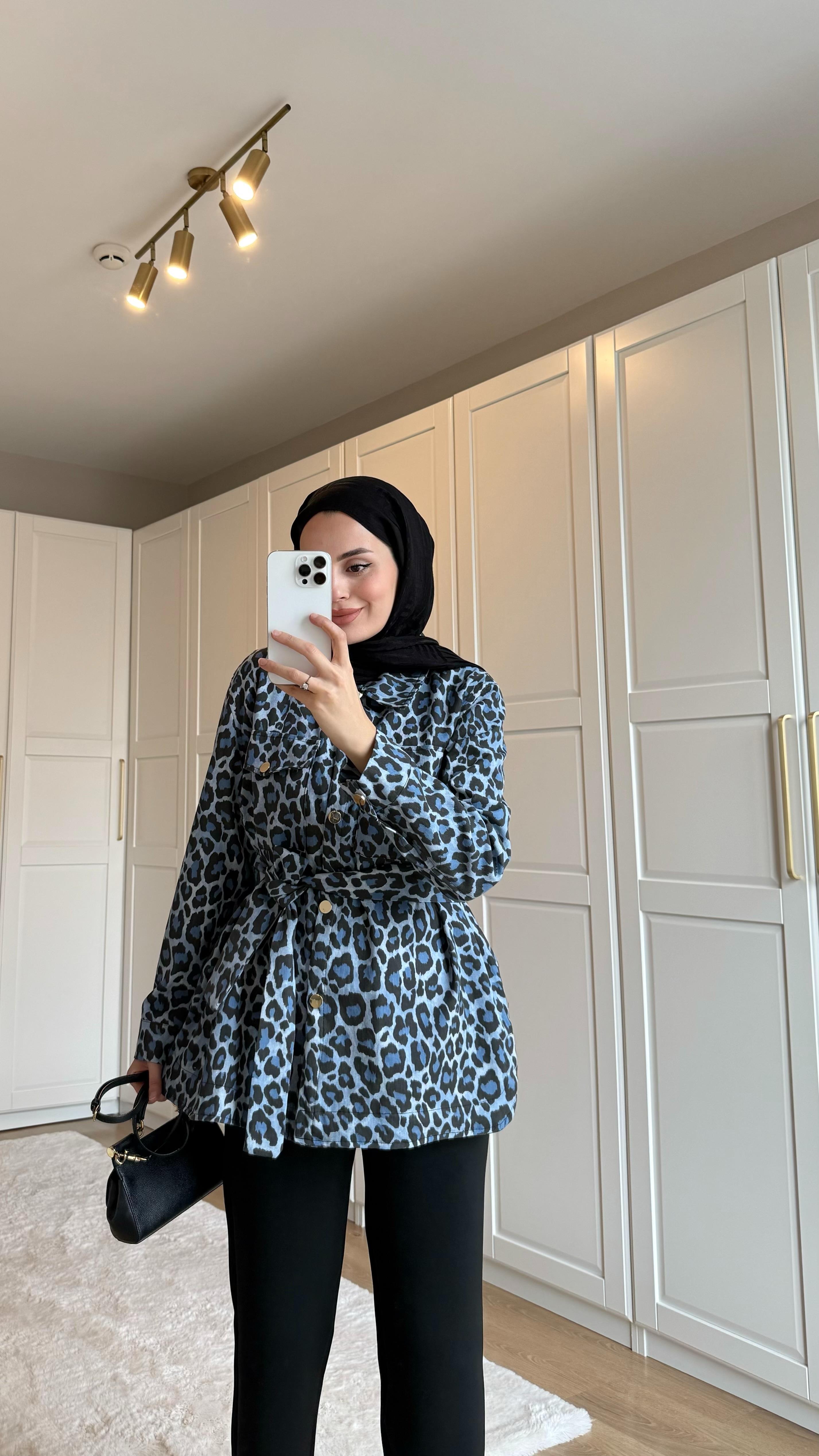 Leopar Desenli Ceket Mavi