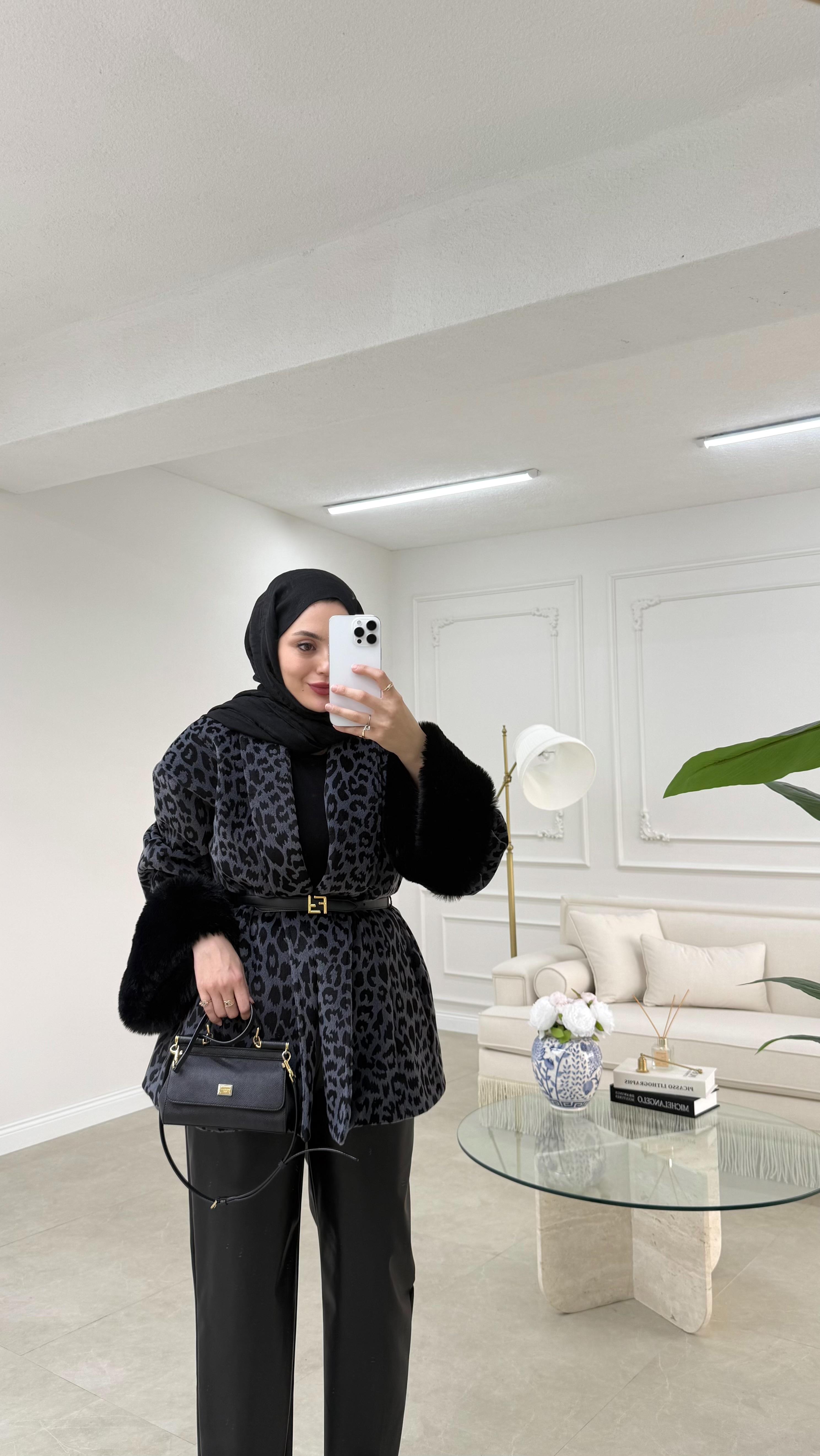 Leopar Desenli Kaşe Antrasit