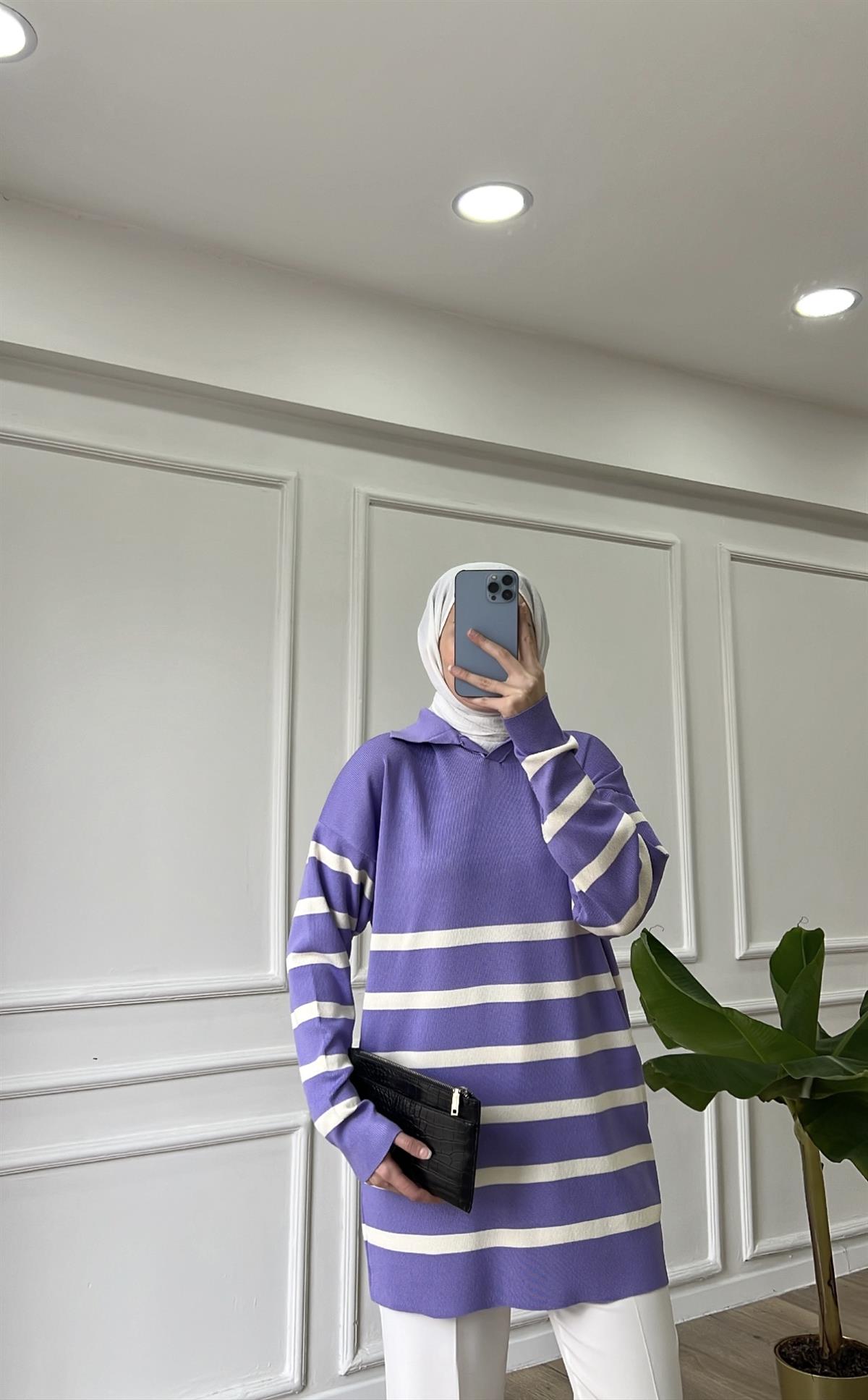 Lila - Çizgili Merserize Tunik