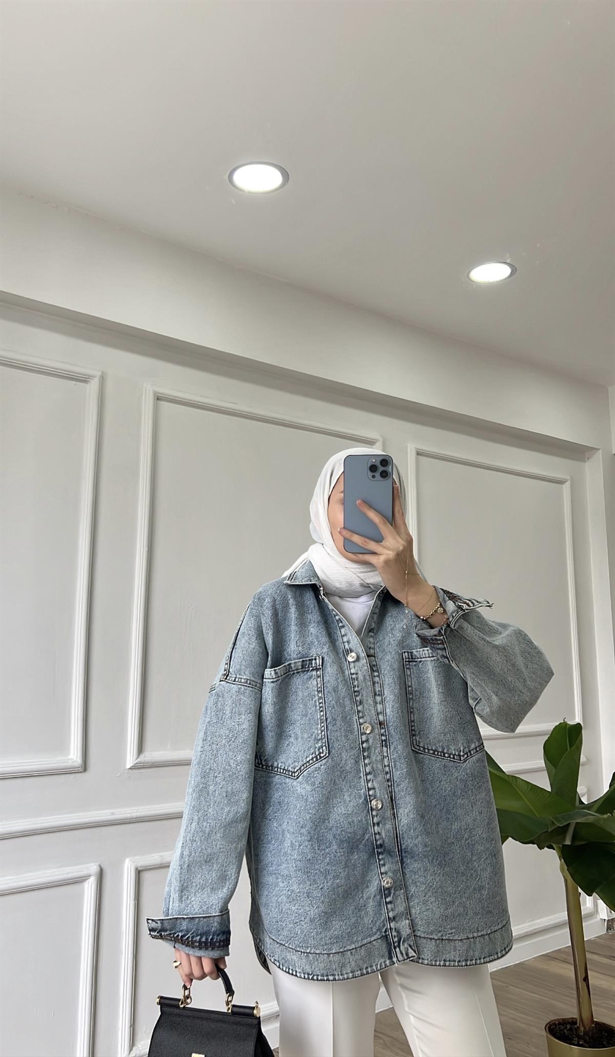 Mavi - Büyük Cepli Oversize Ceket 