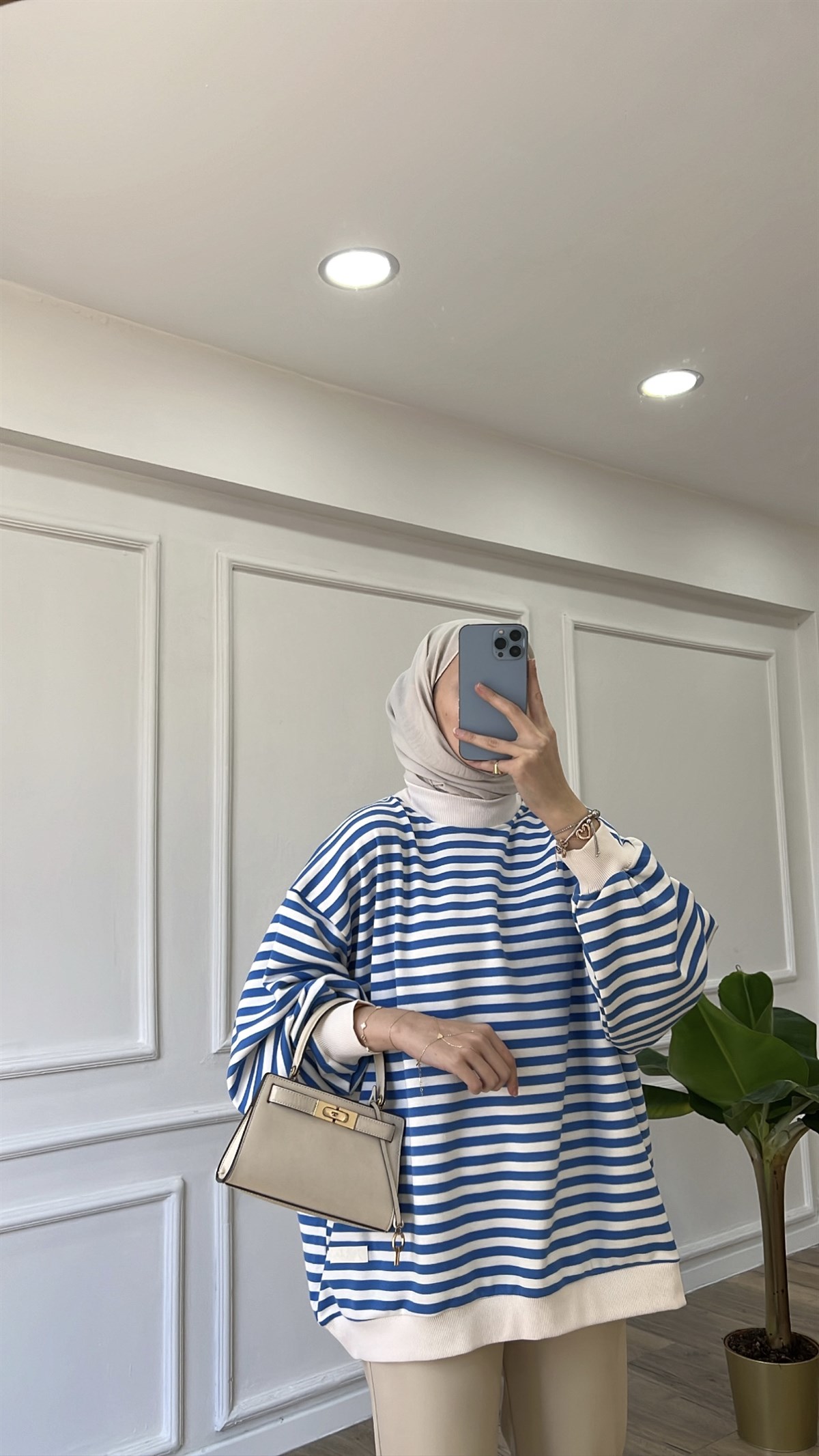 Mavi - Oversize Çizgili Sweatshirt