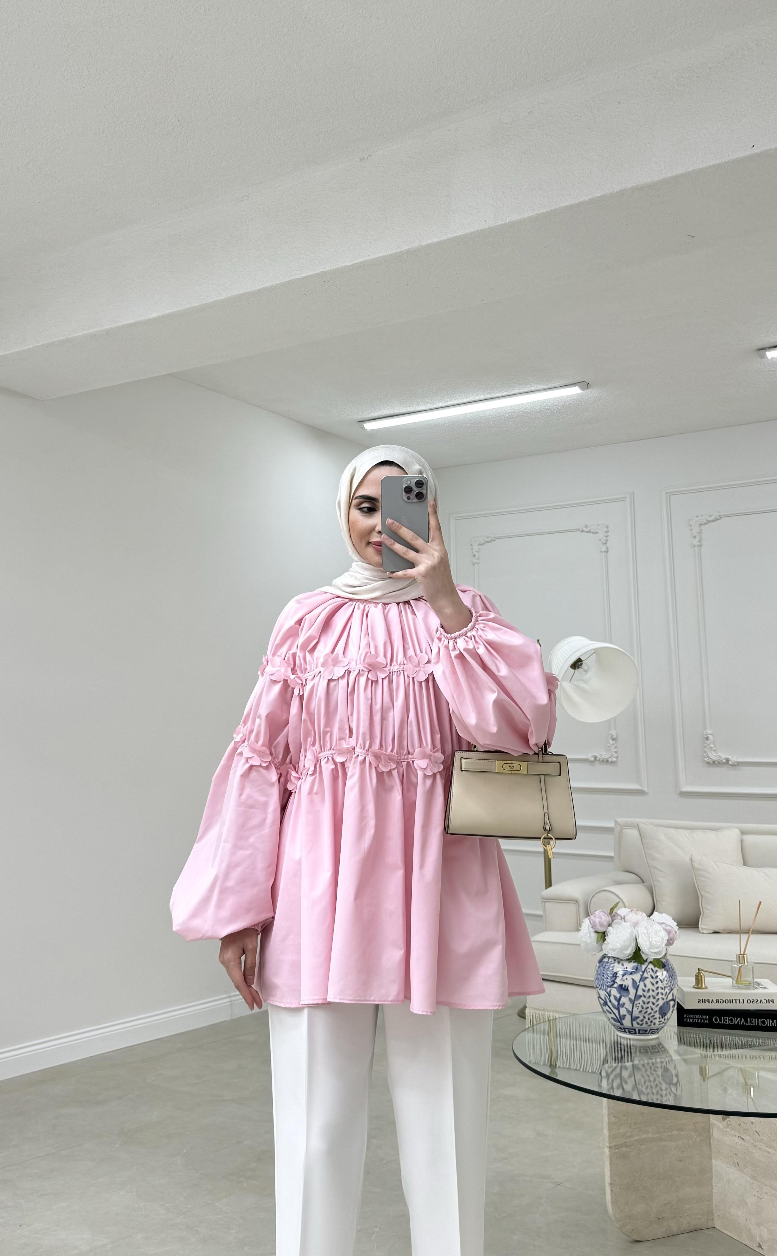 Minik Çiçek Detaylı Bluz Pembe