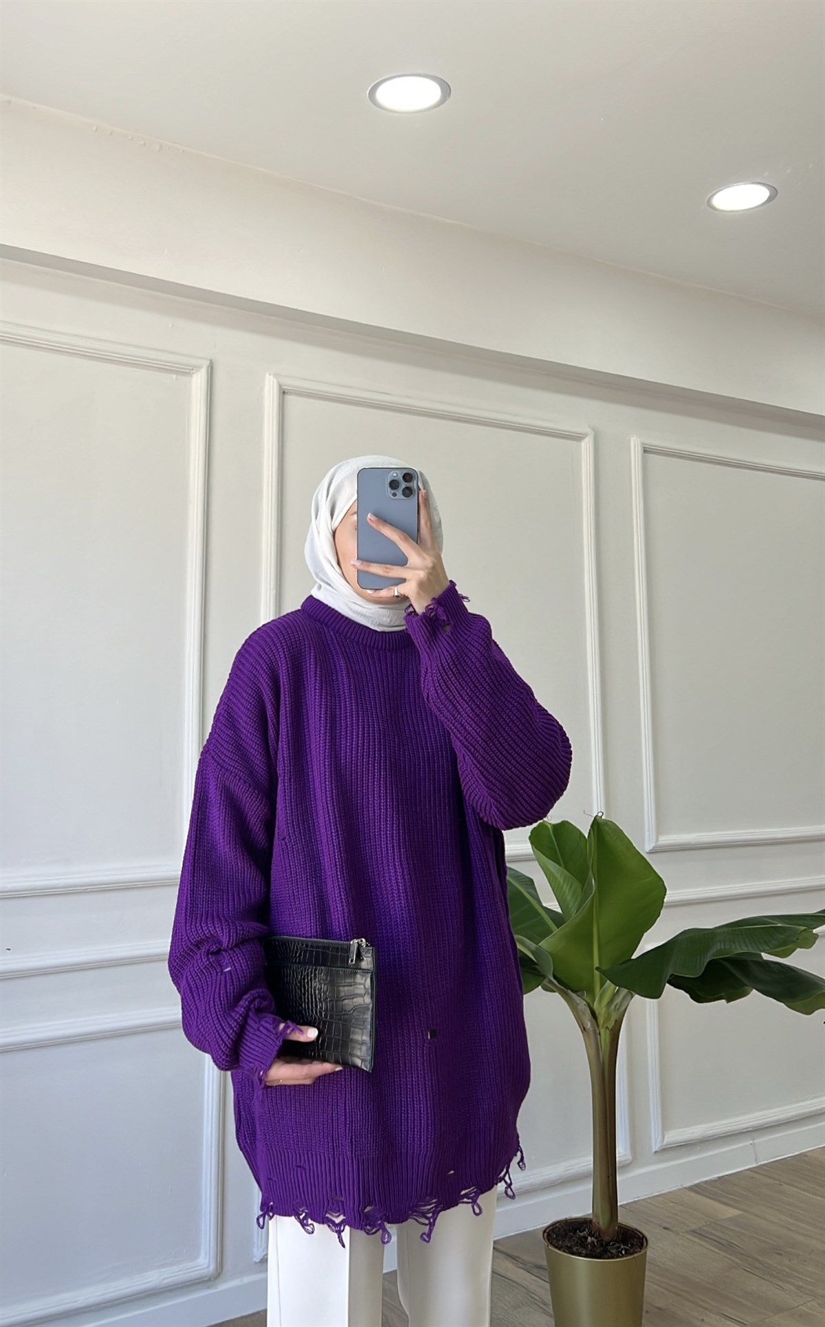 Mor Yırtık Detaylı Triko 