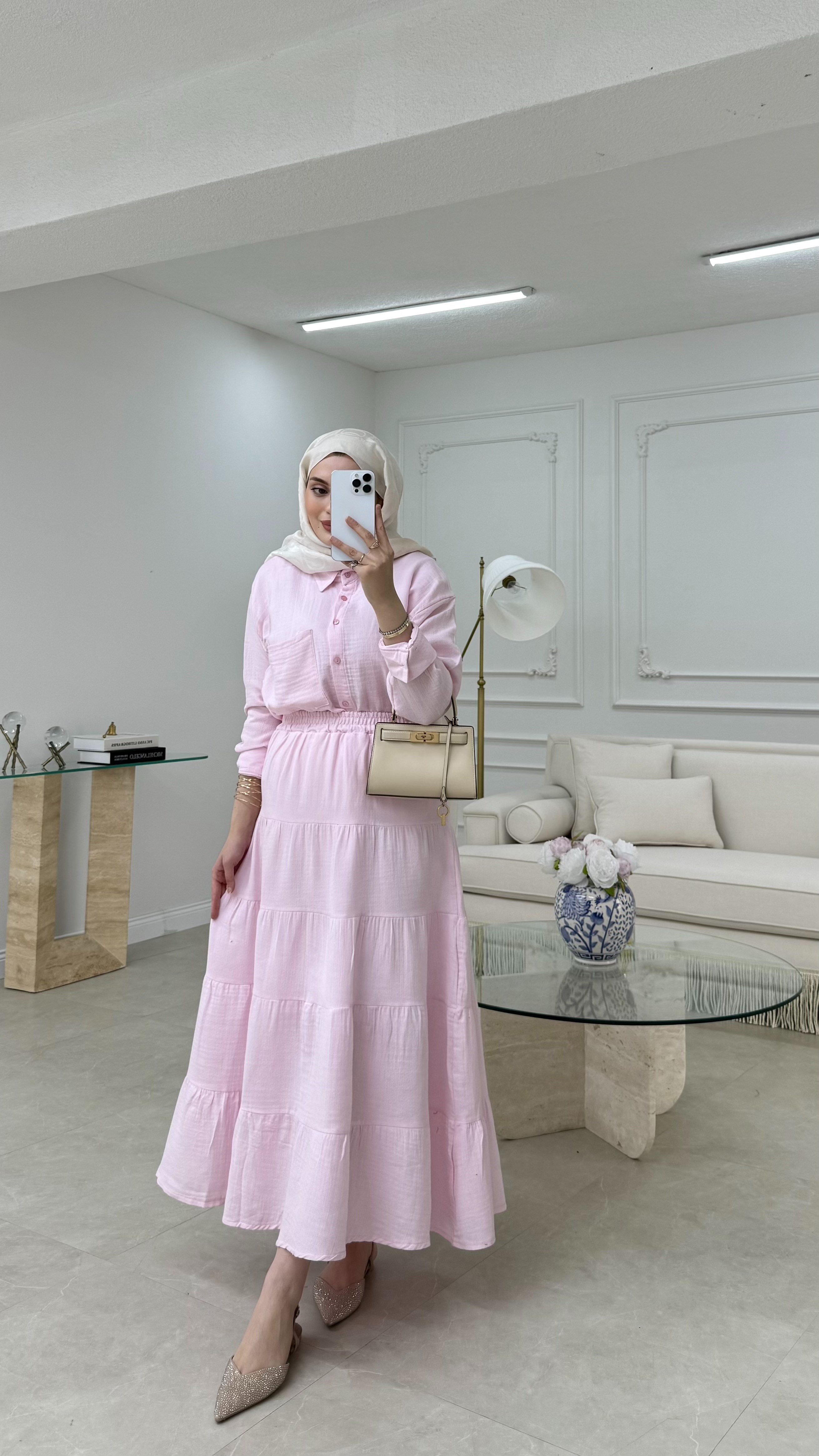 Müslin Etekli Takım Pembe