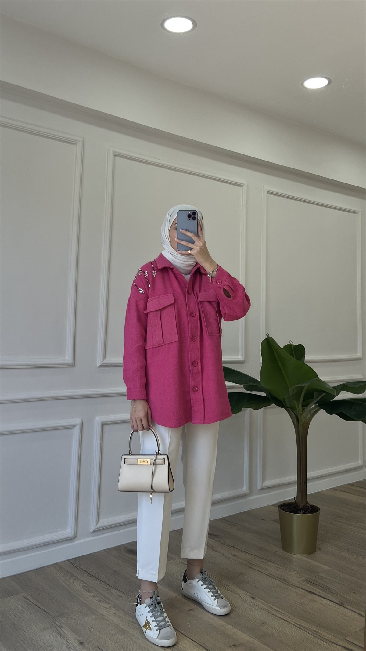 Omuz Detaylı Tüvit Gömlek - Pembe