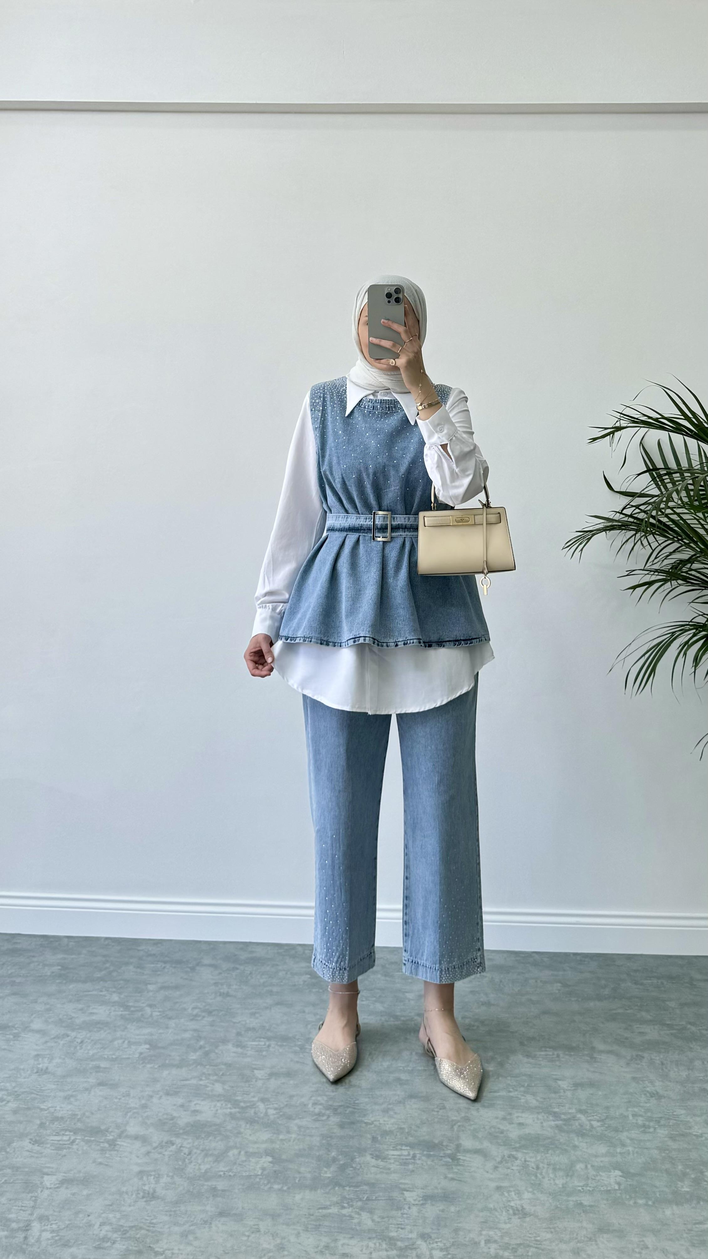 Parıltılı Üçlü Denim Takım Mavi