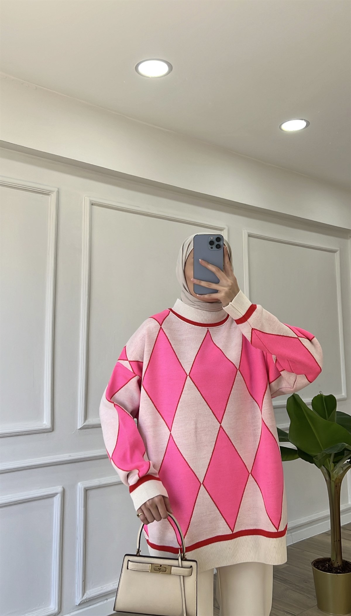 Pembe - Baklava Desenli Kazak