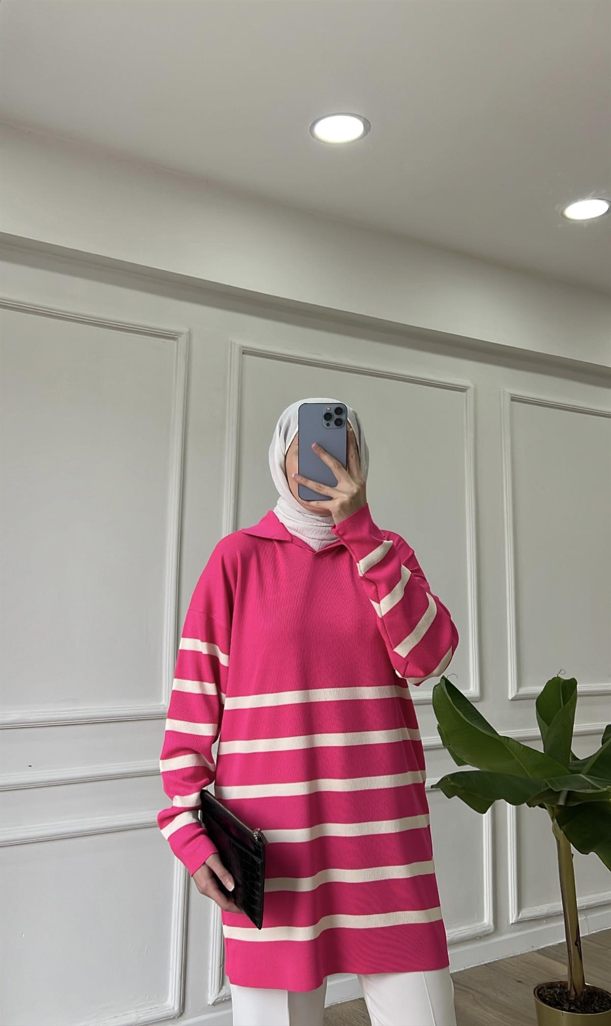 Pembe - Çizgili Merserize Tunik