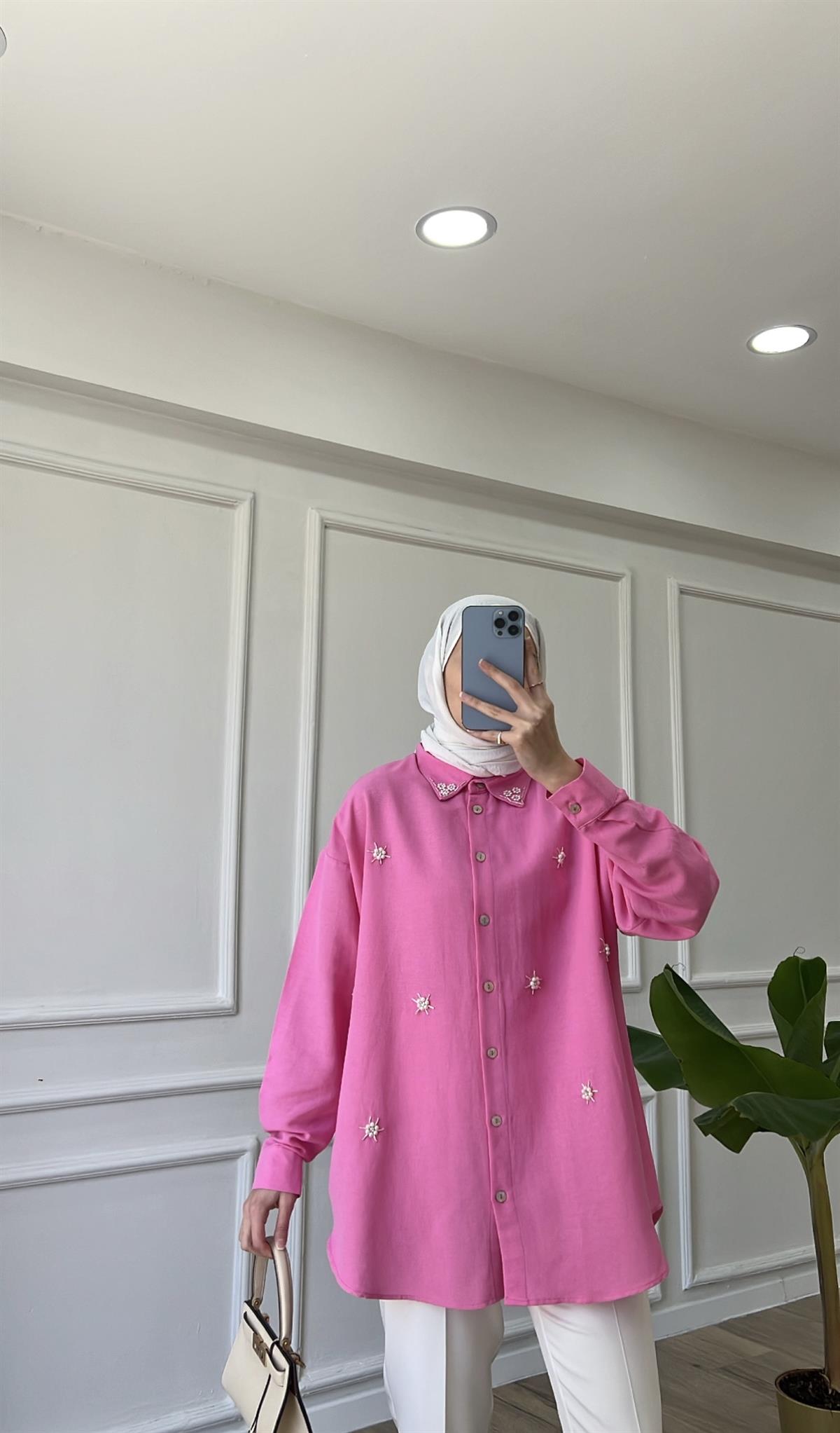 Pembe - Keten İşlemeli Gömlek