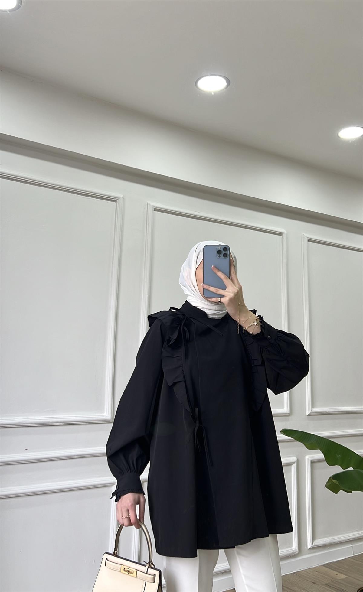 Poplin Bağlamalı Gömlek - Siyah