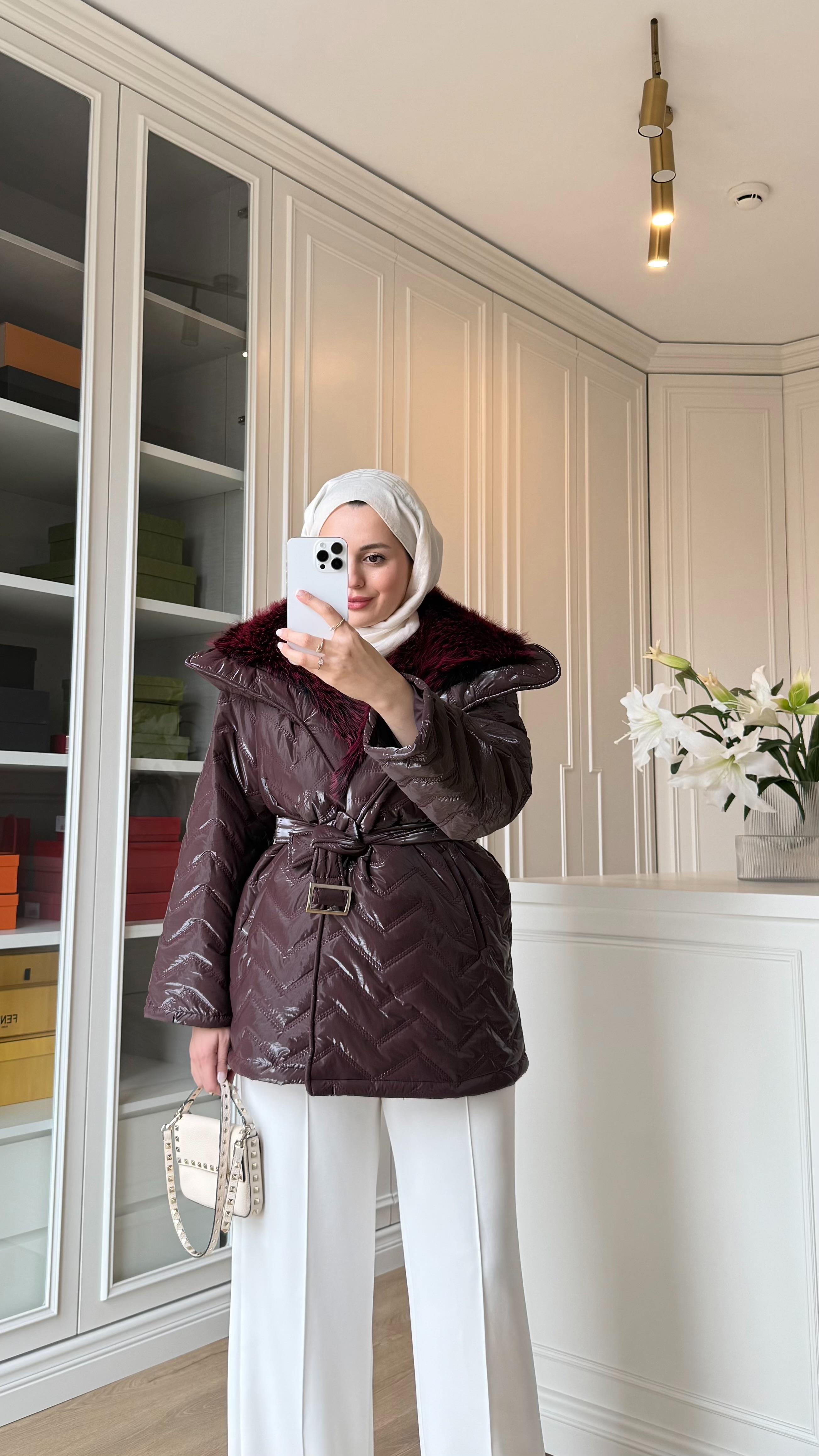 Premium Kürklü Mont Bordo