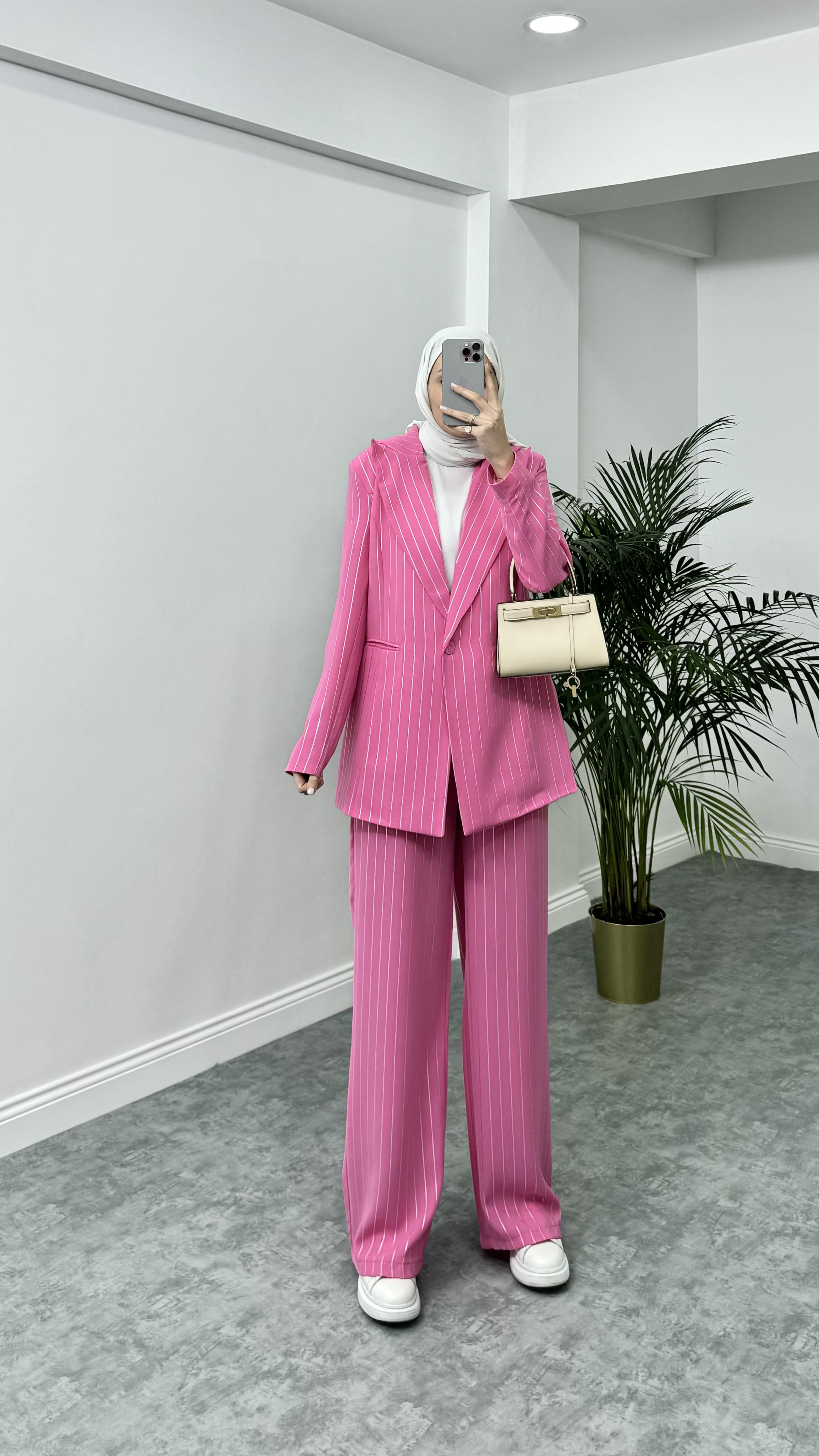 Simli Blazer Takım Pembe