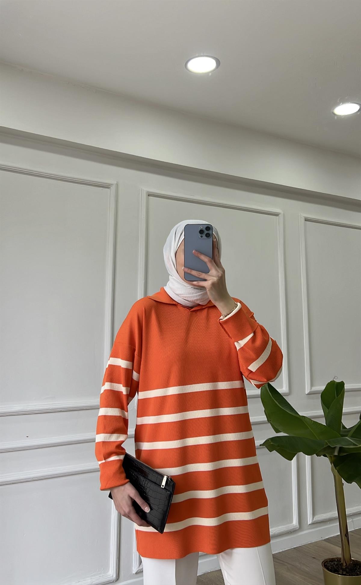 Turuncu - Çizgili Merserize Tunik