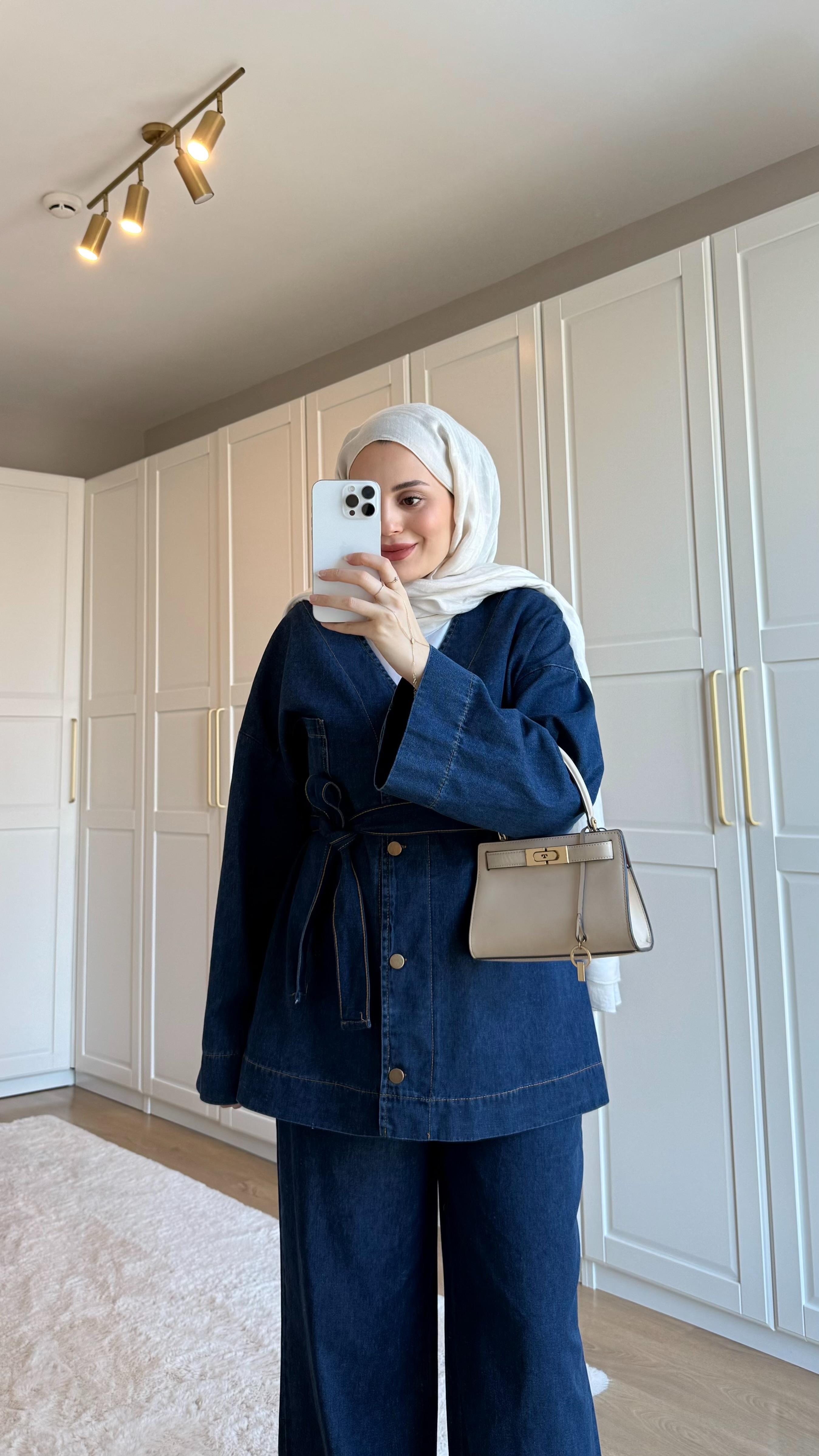 V Yaka Denim Takım Koyu Mavi
